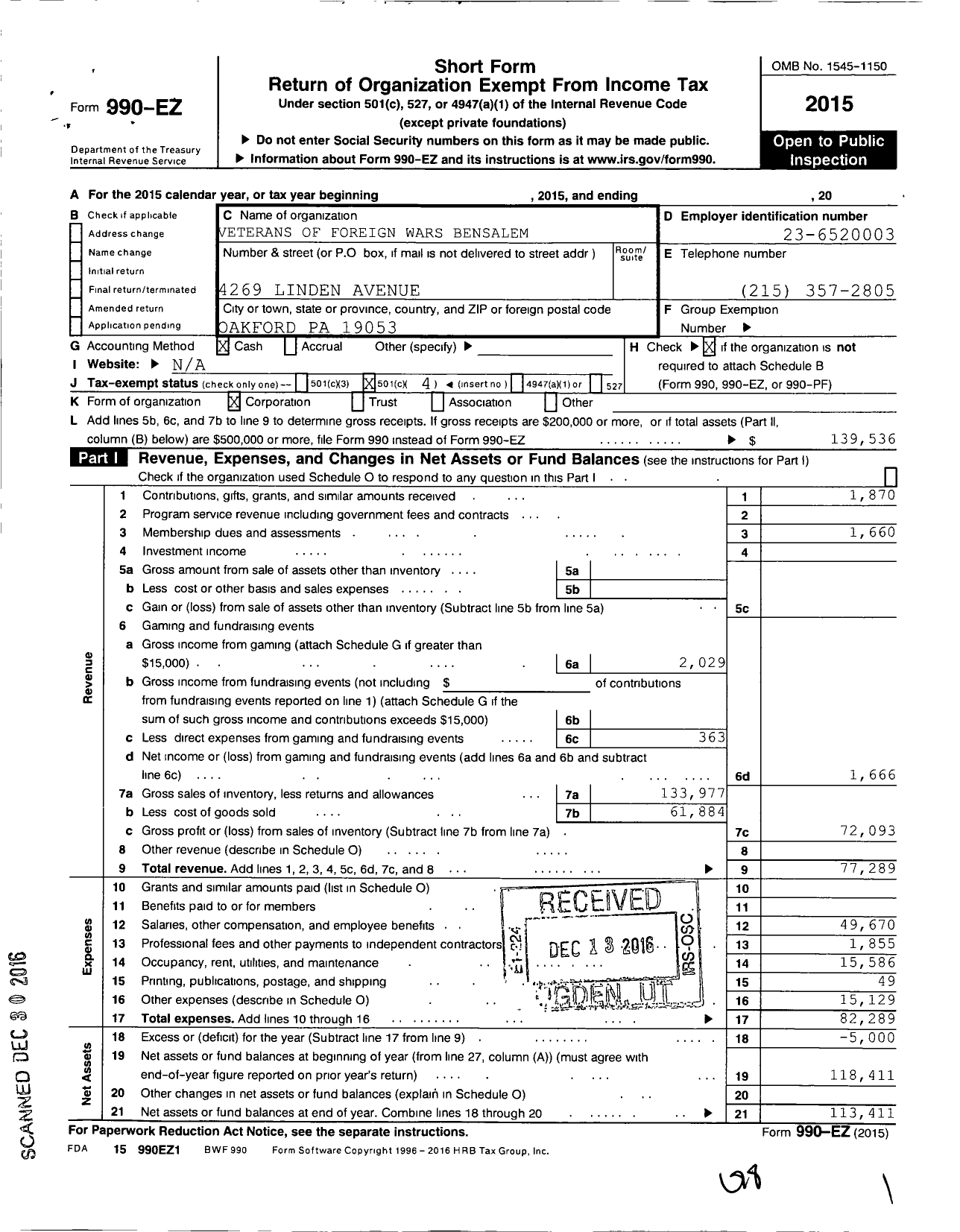 Image of first page of 2015 Form 990EO for Veterans of Foreign Wars RK Anderson Post 9765