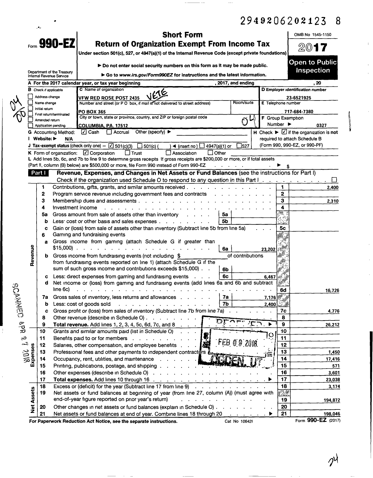 Image of first page of 2017 Form 990EO for VFW Department of Pennsylvania - 2435 Red Rose
