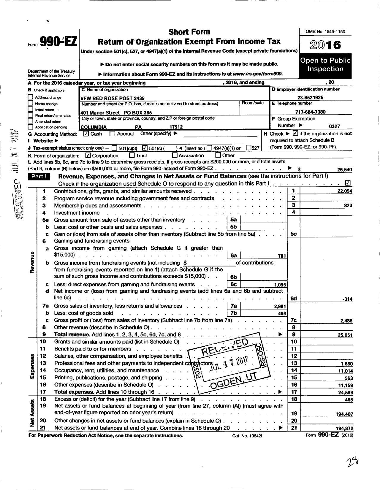 Image of first page of 2016 Form 990EO for VFW Department of Pennsylvania - 2435 Red Rose