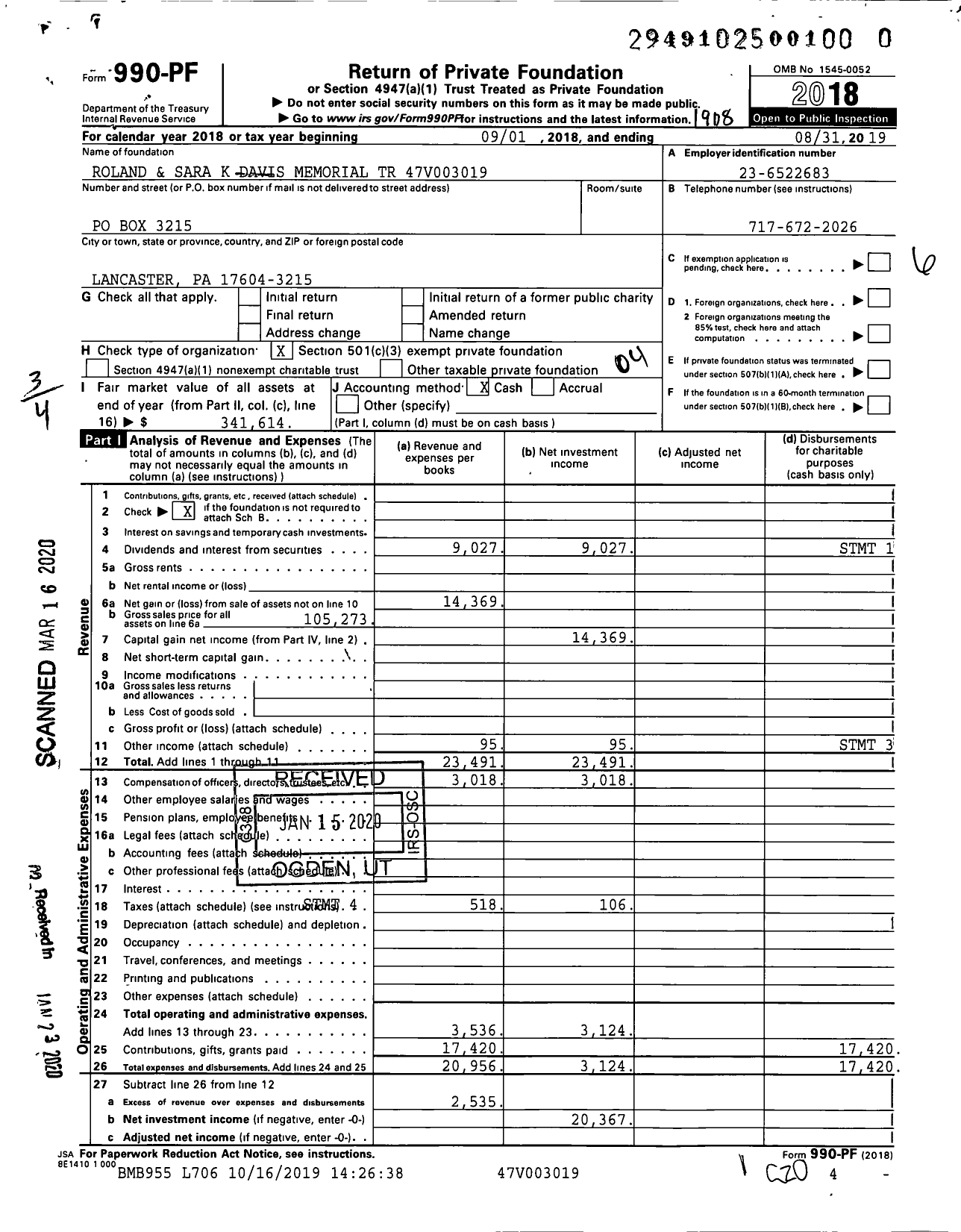 Image of first page of 2018 Form 990PR for Roland and Sara K Davis Memorial TR 47v003019