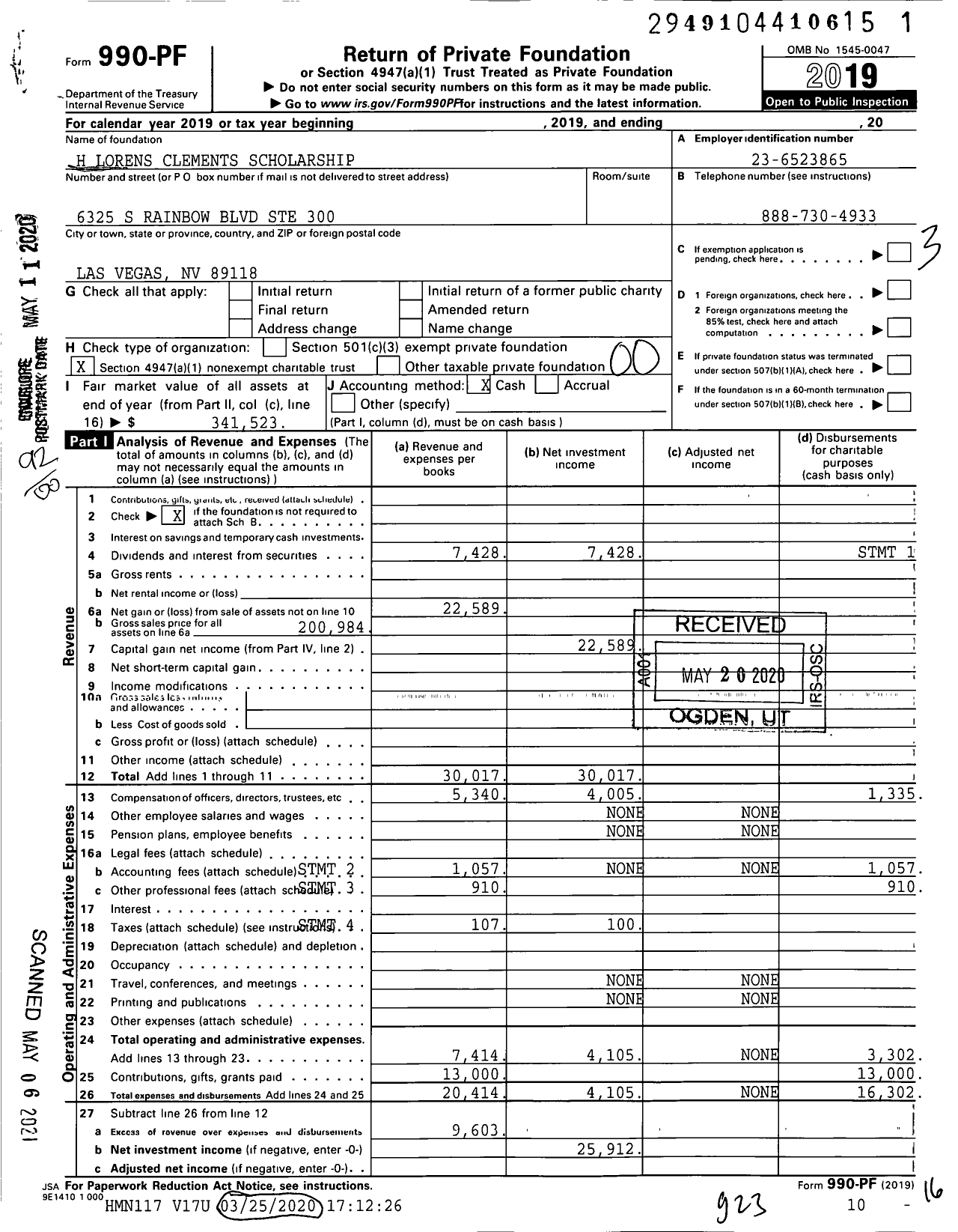 Image of first page of 2019 Form 990PF for H Lorens Clements Scholarship