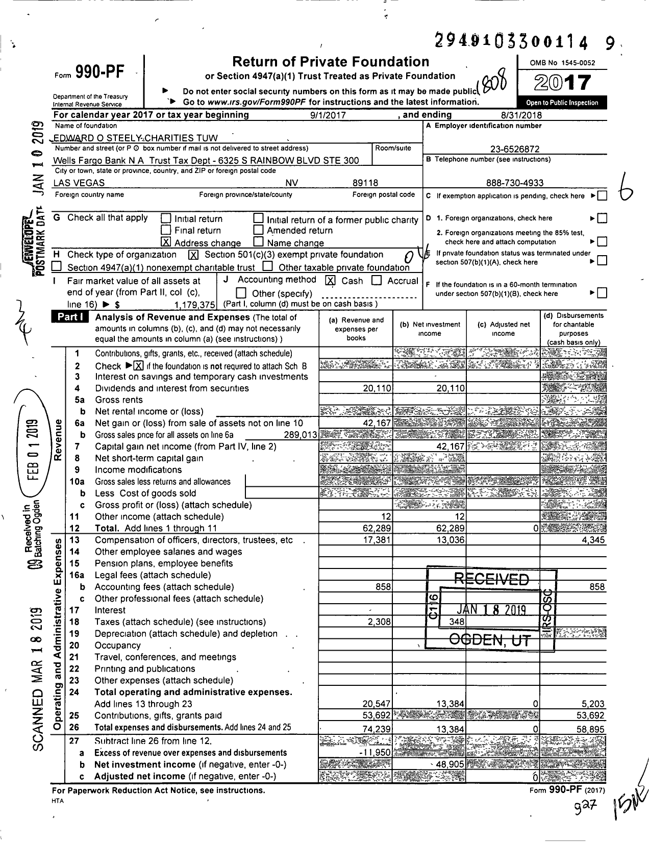 Image of first page of 2017 Form 990PF for Edward O Steely Charities Tuw