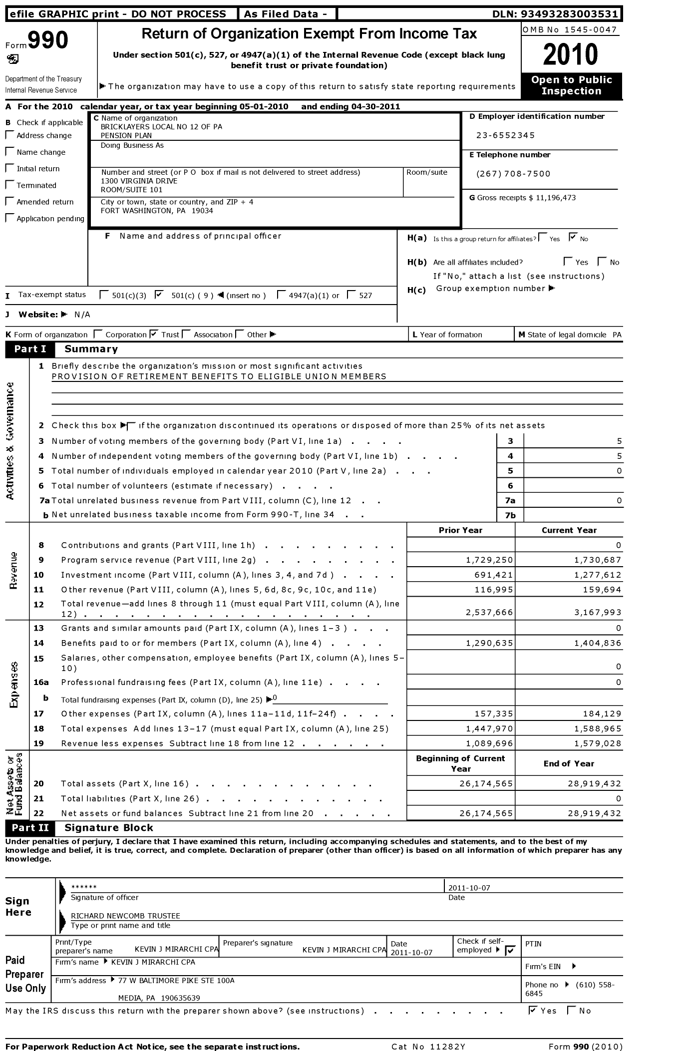 Image of first page of 2010 Form 990O for Bricklayers Local No 12 of Pa Pension Plan