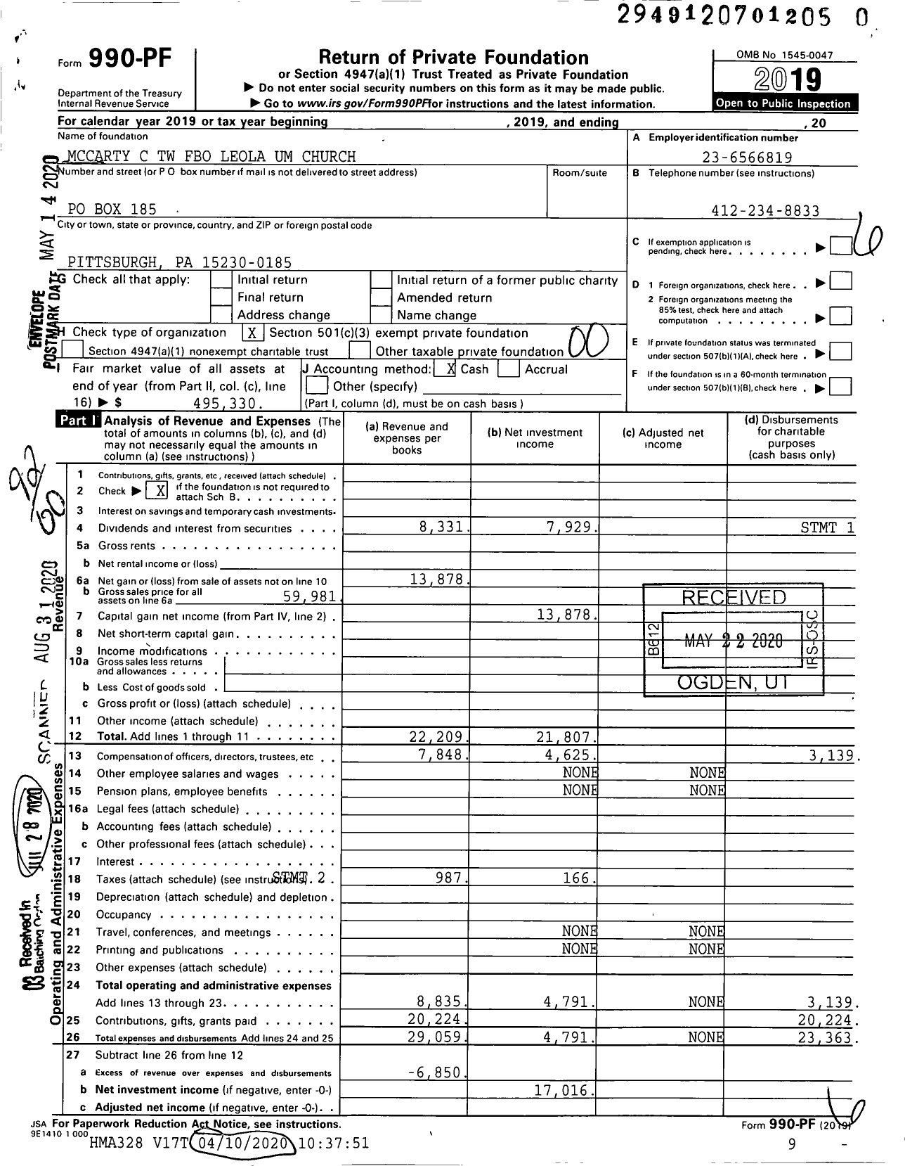 Image of first page of 2019 Form 990PR for Mccarty C TW Fbo Leola Um Church