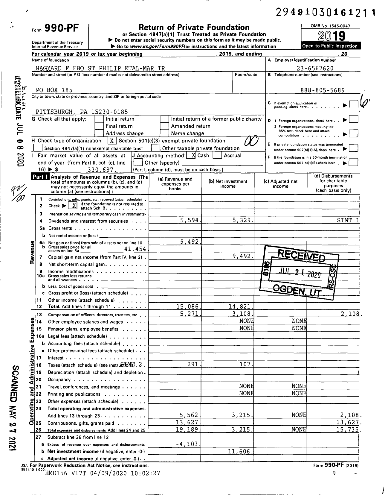 Image of first page of 2019 Form 990PF for Hagyard F Fbo St Philip Etal-Mar Trust