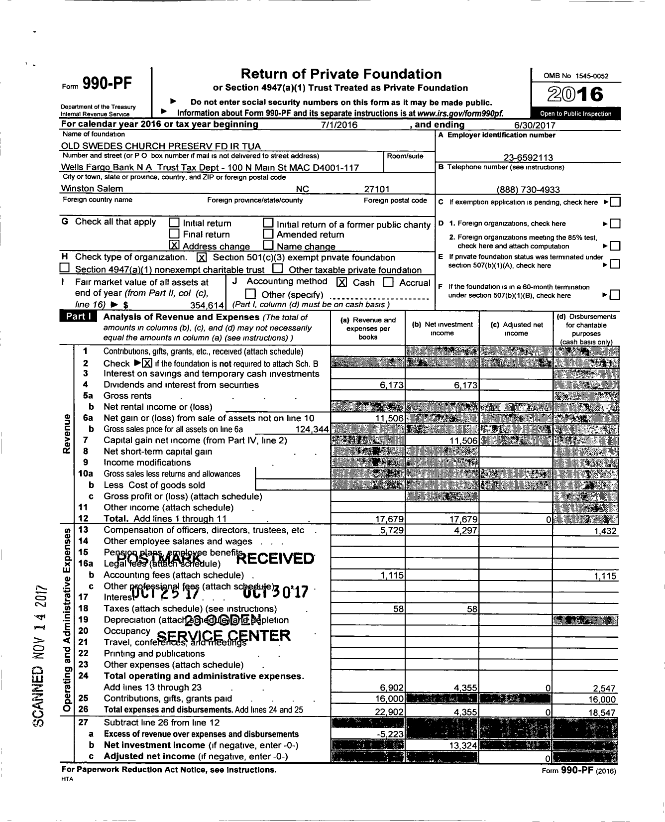 Image of first page of 2016 Form 990PF for Old Swedes Church Preserv FD Ir Ir-Tua