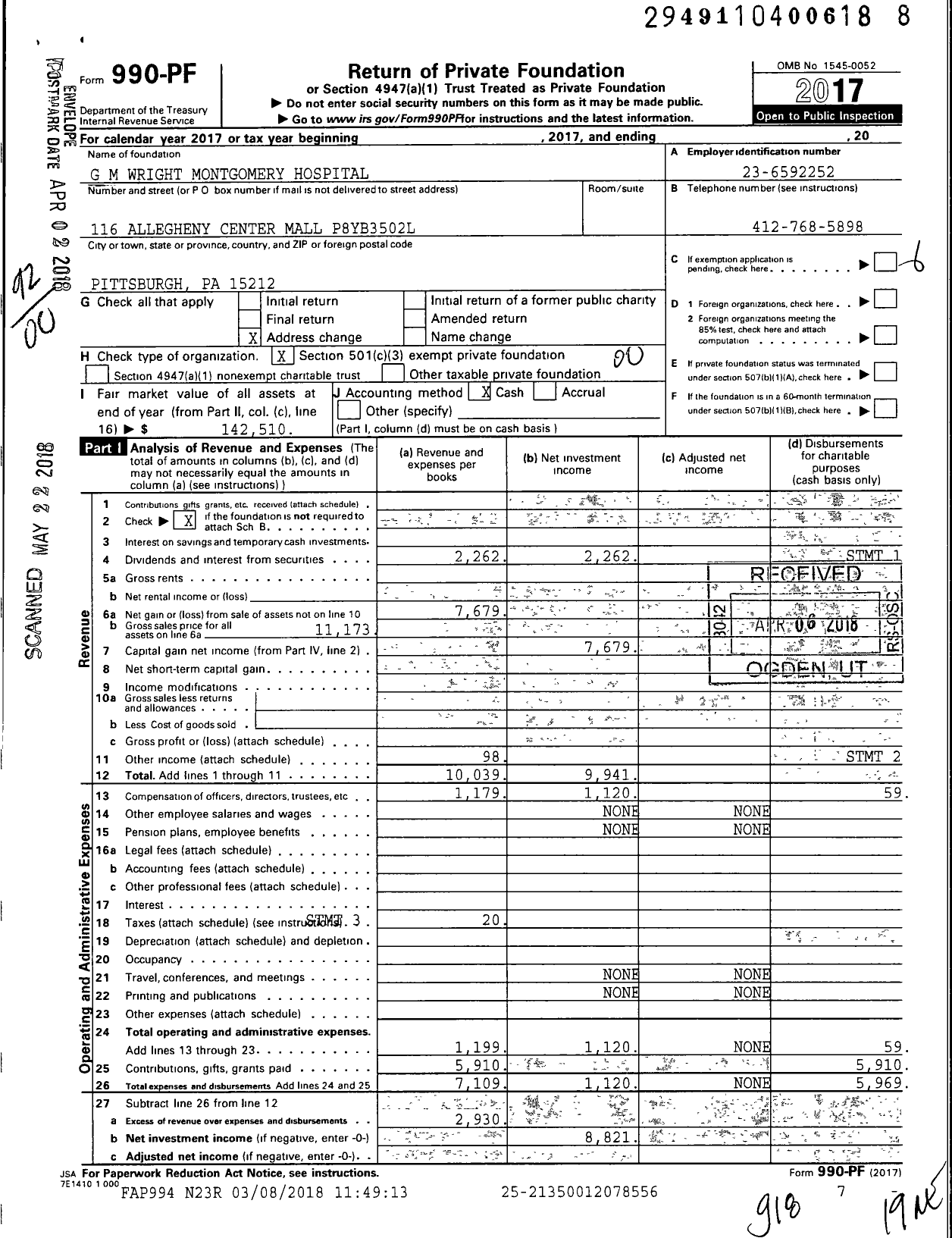 Image of first page of 2017 Form 990PF for G M Wright Montgomery Hospital