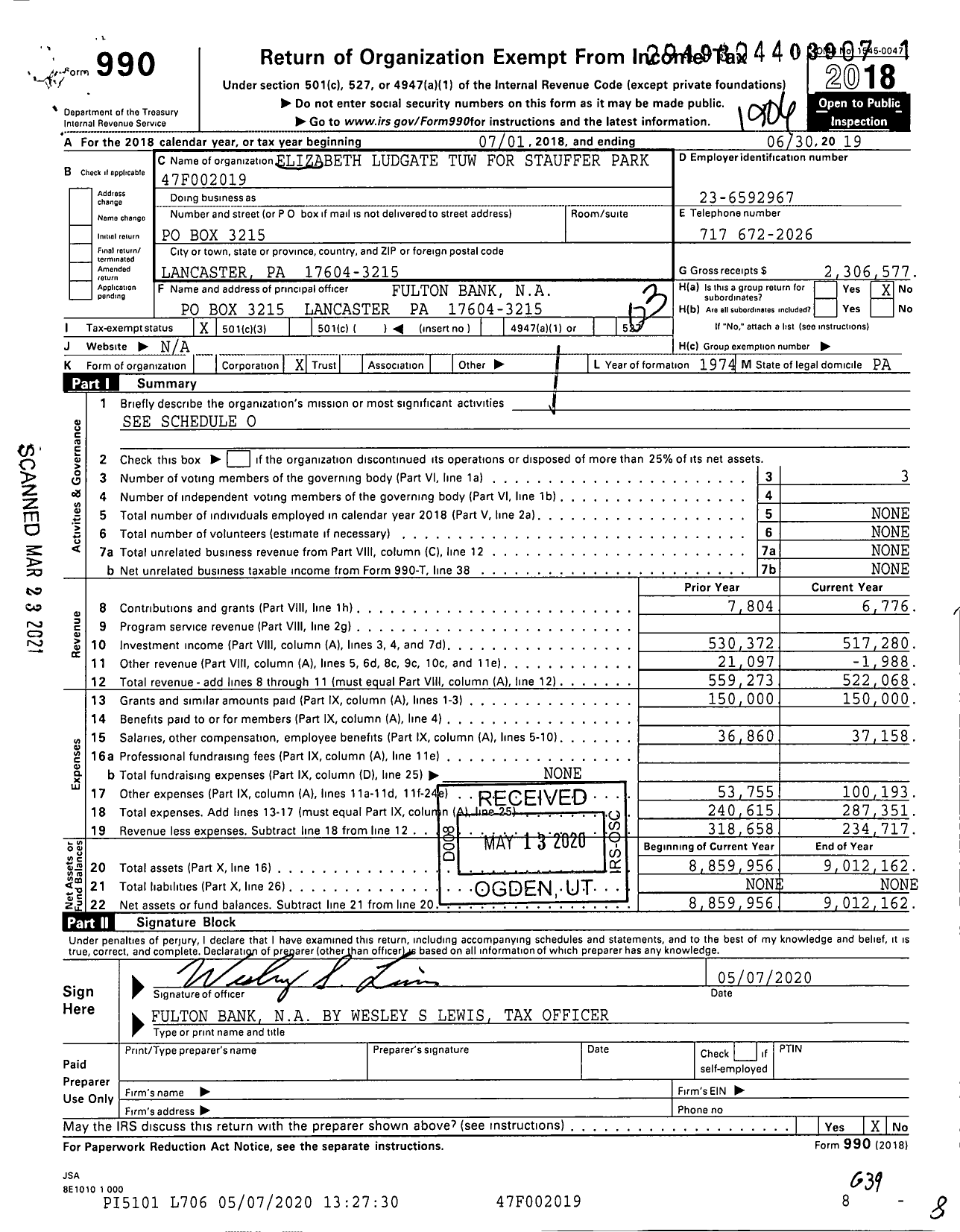 Image of first page of 2018 Form 990 for Elizabeth Ludgate Tuw for Stauffer Park