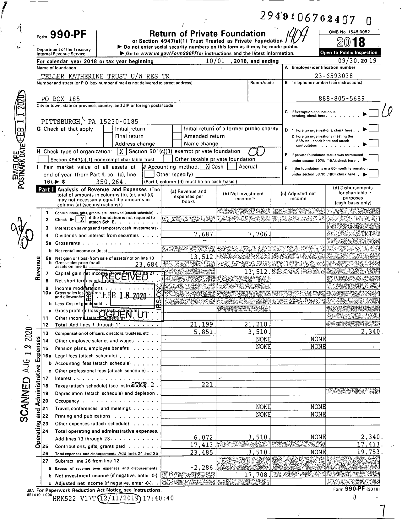 Image of first page of 2018 Form 990PR for Teller Katherine Trust Uw Res Trust