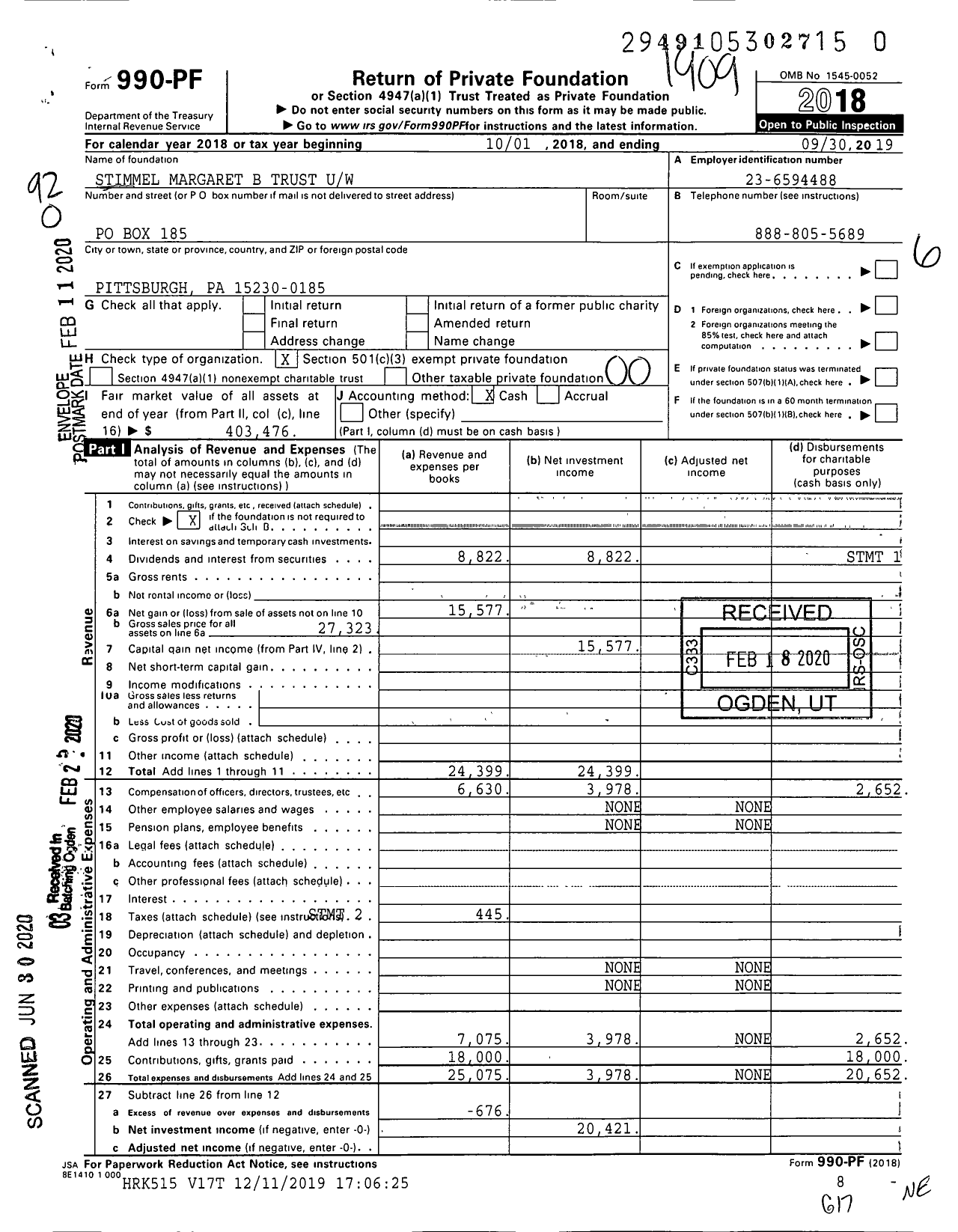 Image of first page of 2018 Form 990PR for Stimmel Margaret B Trust Uw