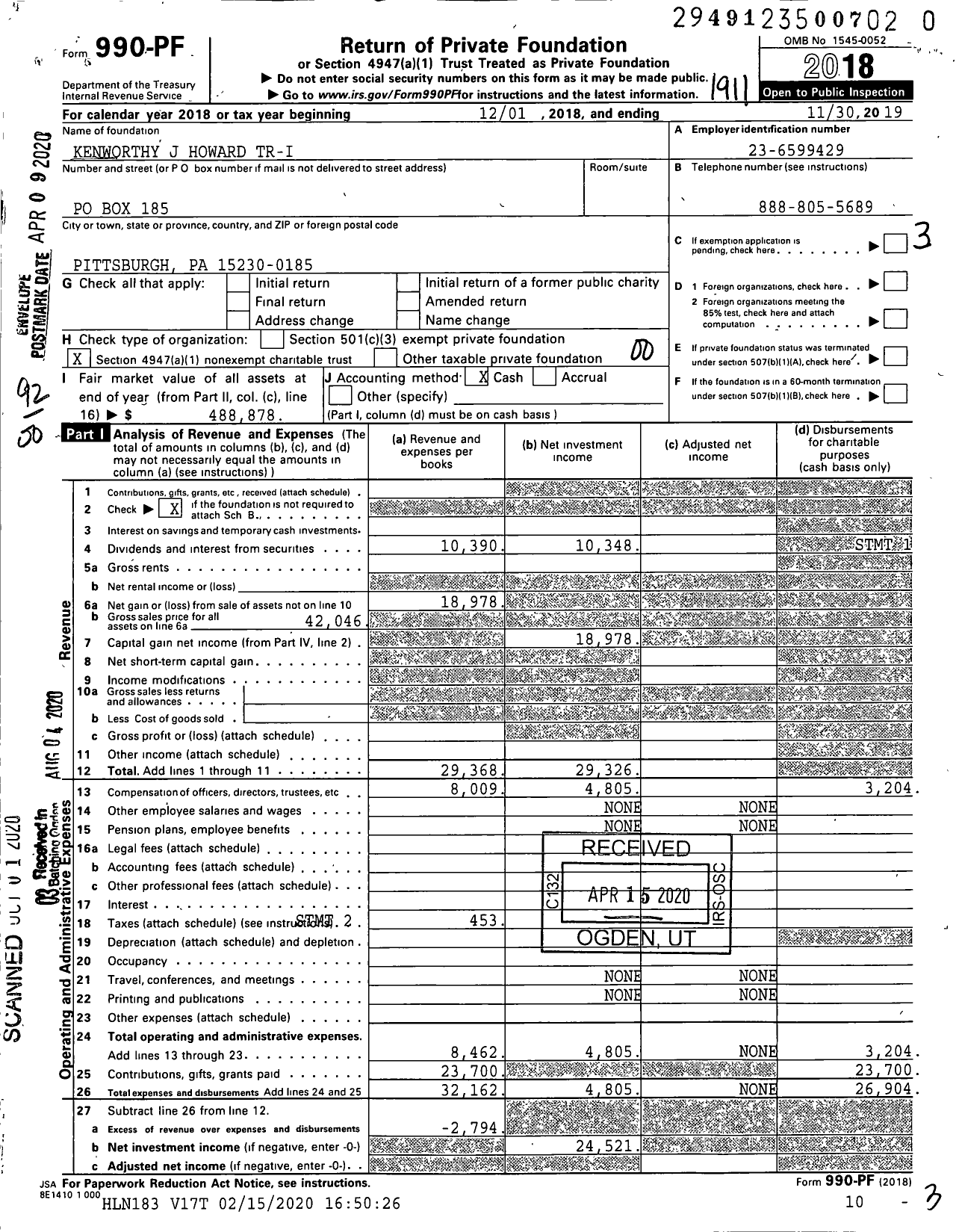 Image of first page of 2018 Form 990PR for Kenworthy J Howard Tr-I