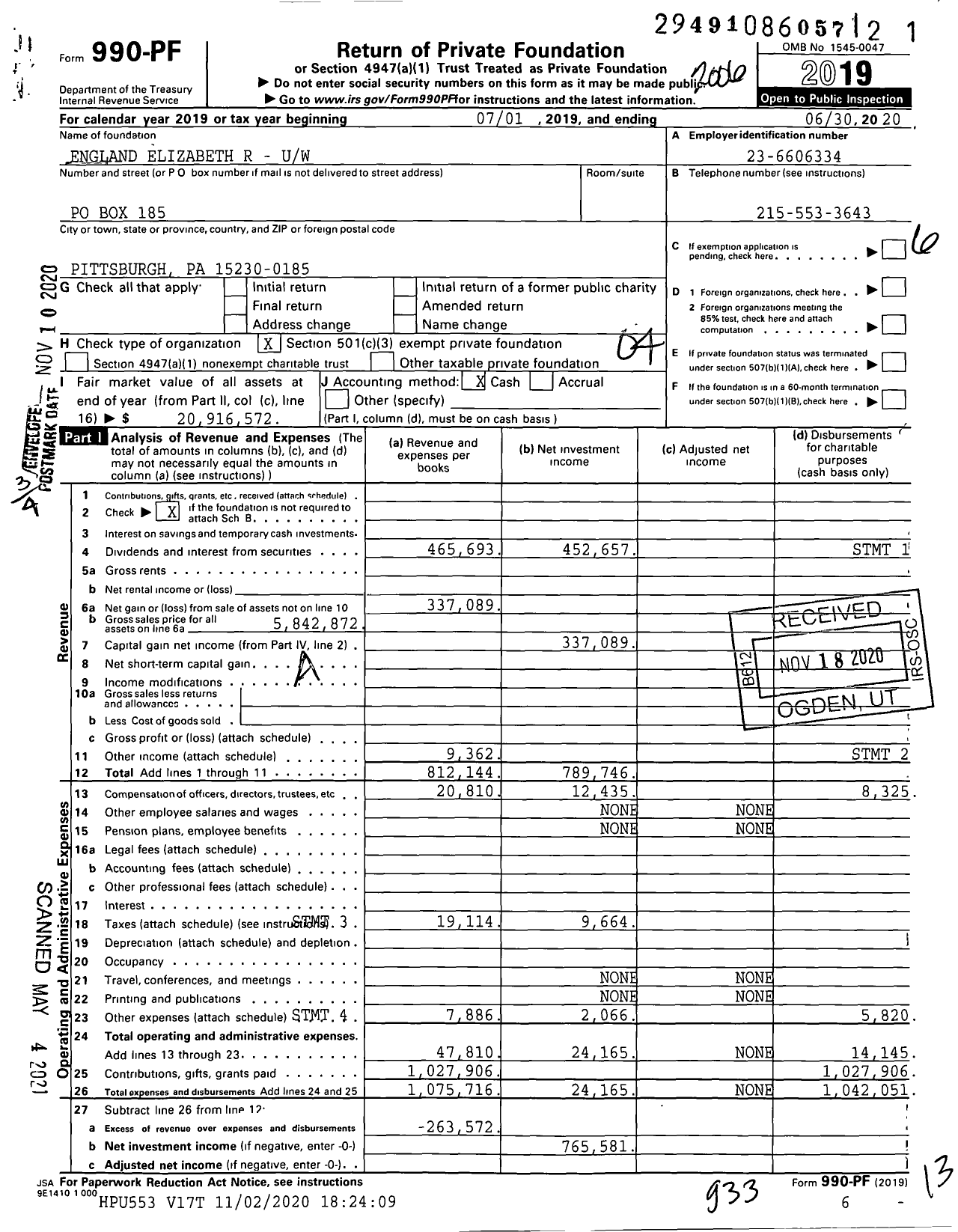 Image of first page of 2019 Form 990PF for England Elizabeth R - R-Uw