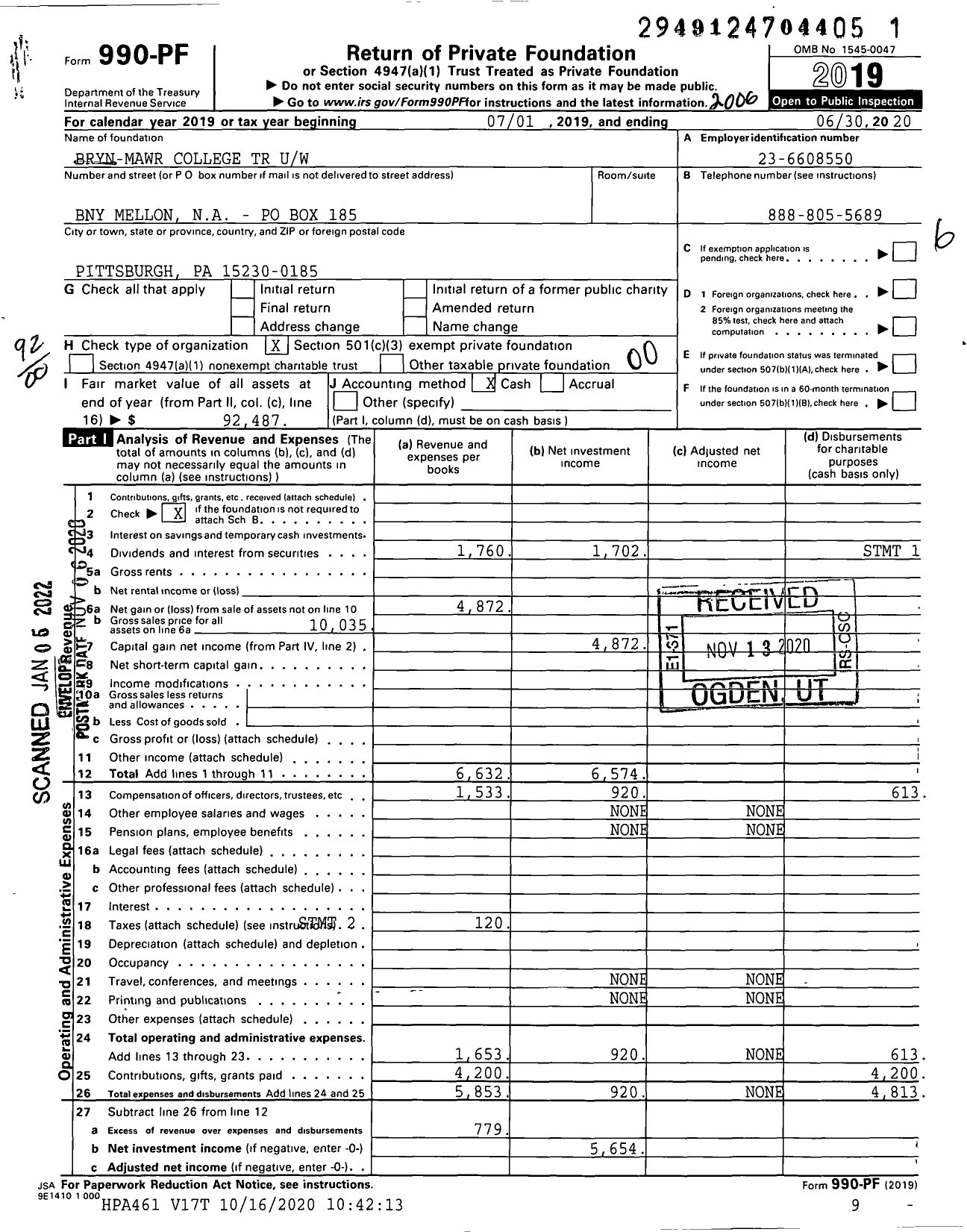 Image of first page of 2019 Form 990PF for Bryn-Mawr College TR Uw