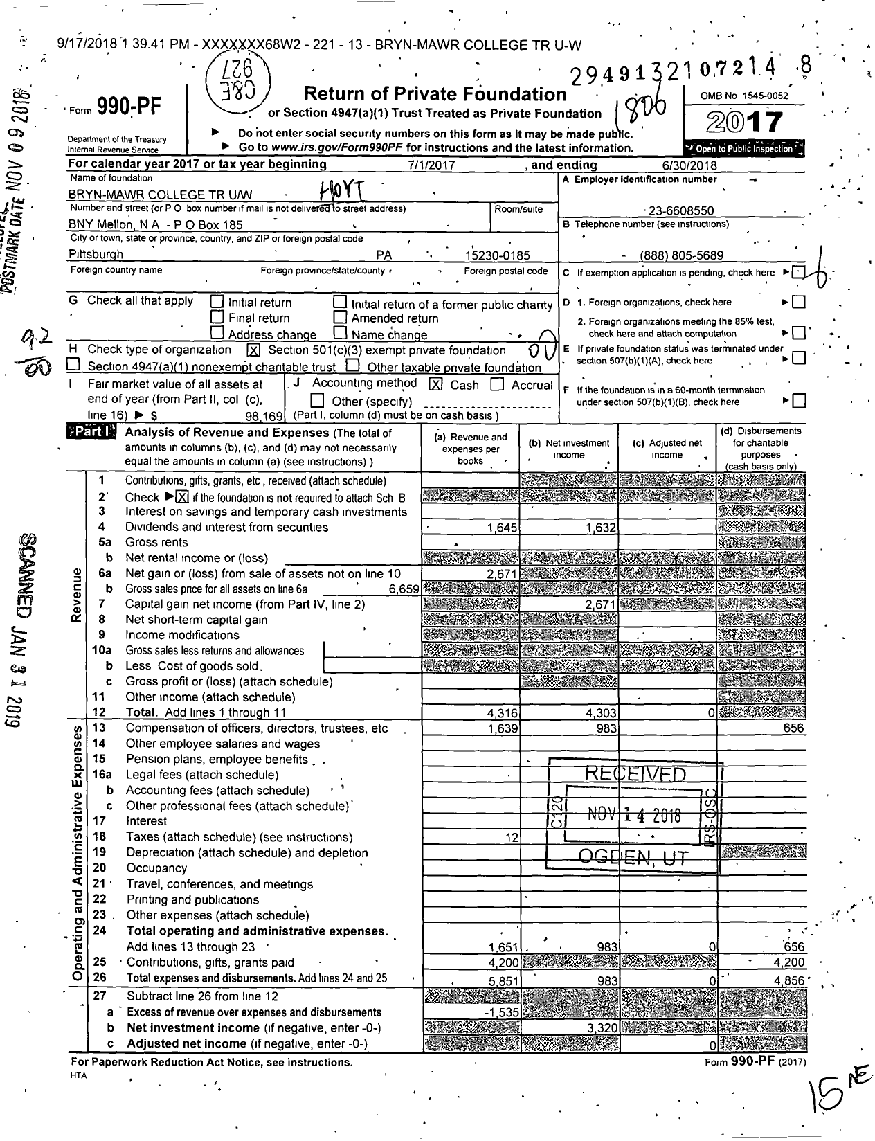 Image of first page of 2017 Form 990PF for Bryn-Mawr College TR Uw