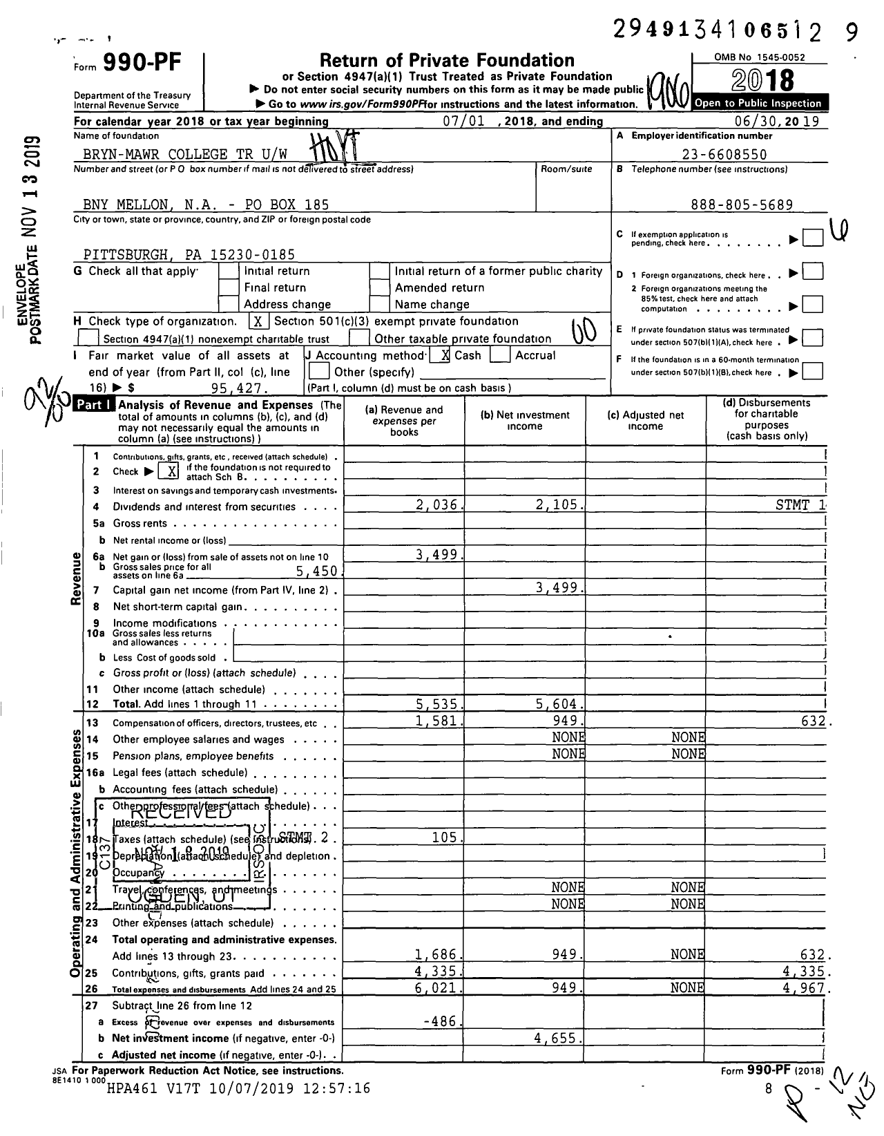 Image of first page of 2018 Form 990PF for Bryn-Mawr College TR Uw