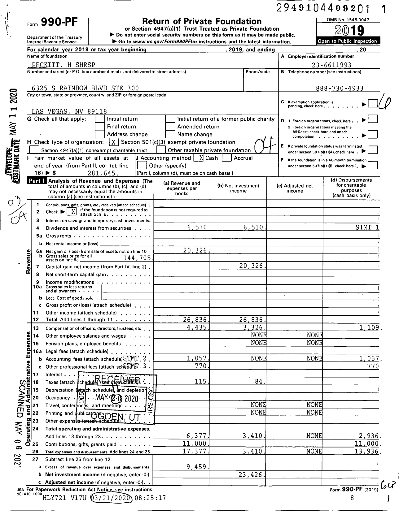 Image of first page of 2019 Form 990PF for Peckitt H -SHRSP