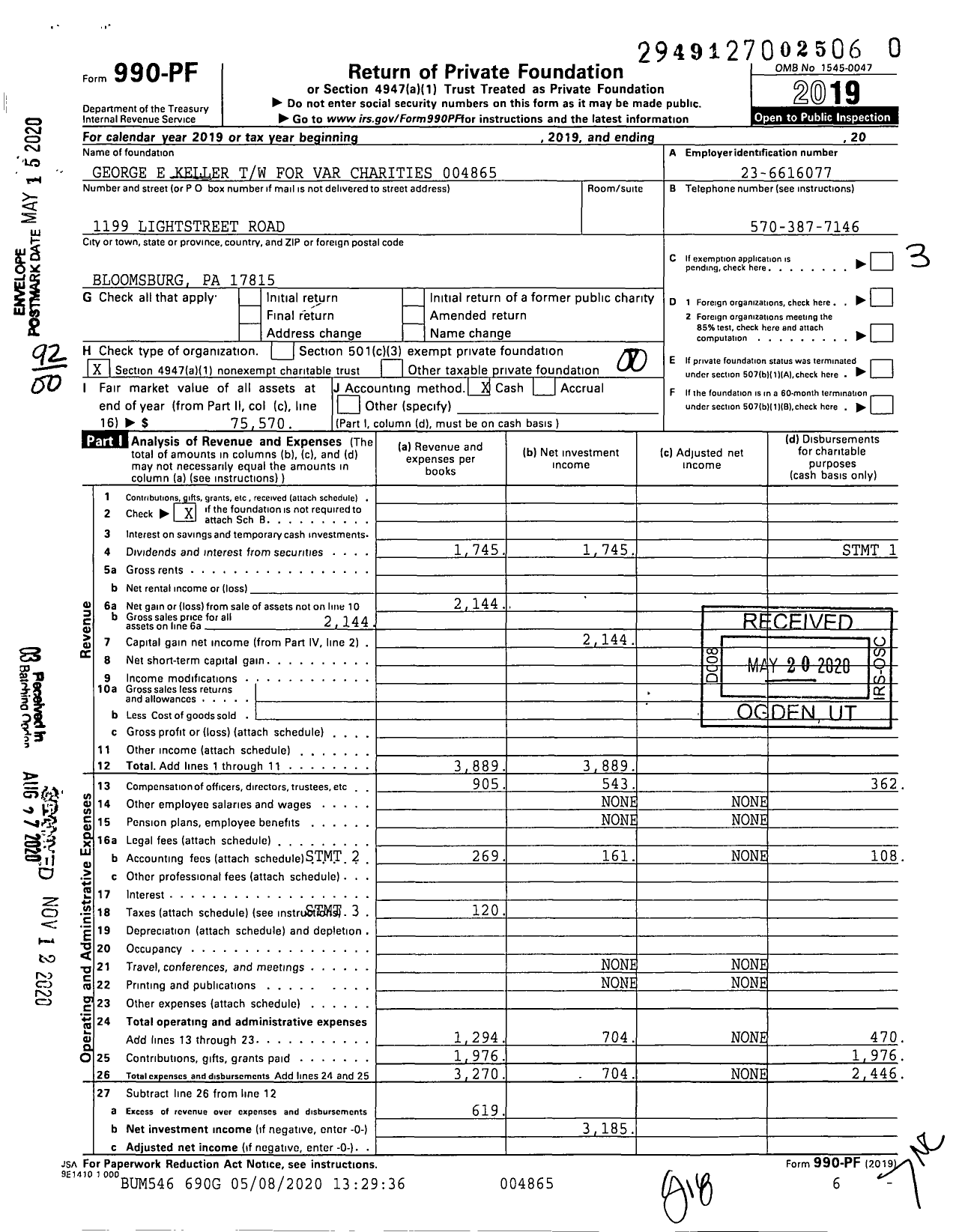 Image of first page of 2019 Form 990PF for George E Keller TW for Var Charities 004865