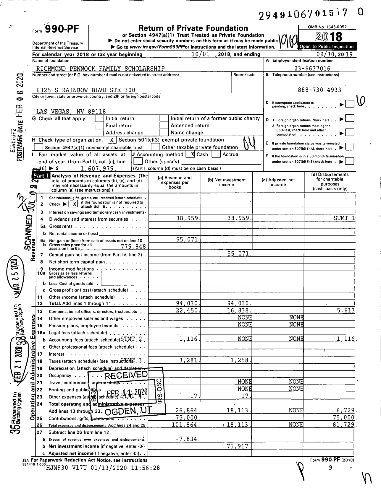 Image of first page of 2018 Form 990PR for Richmond Pennock Family Scholarship