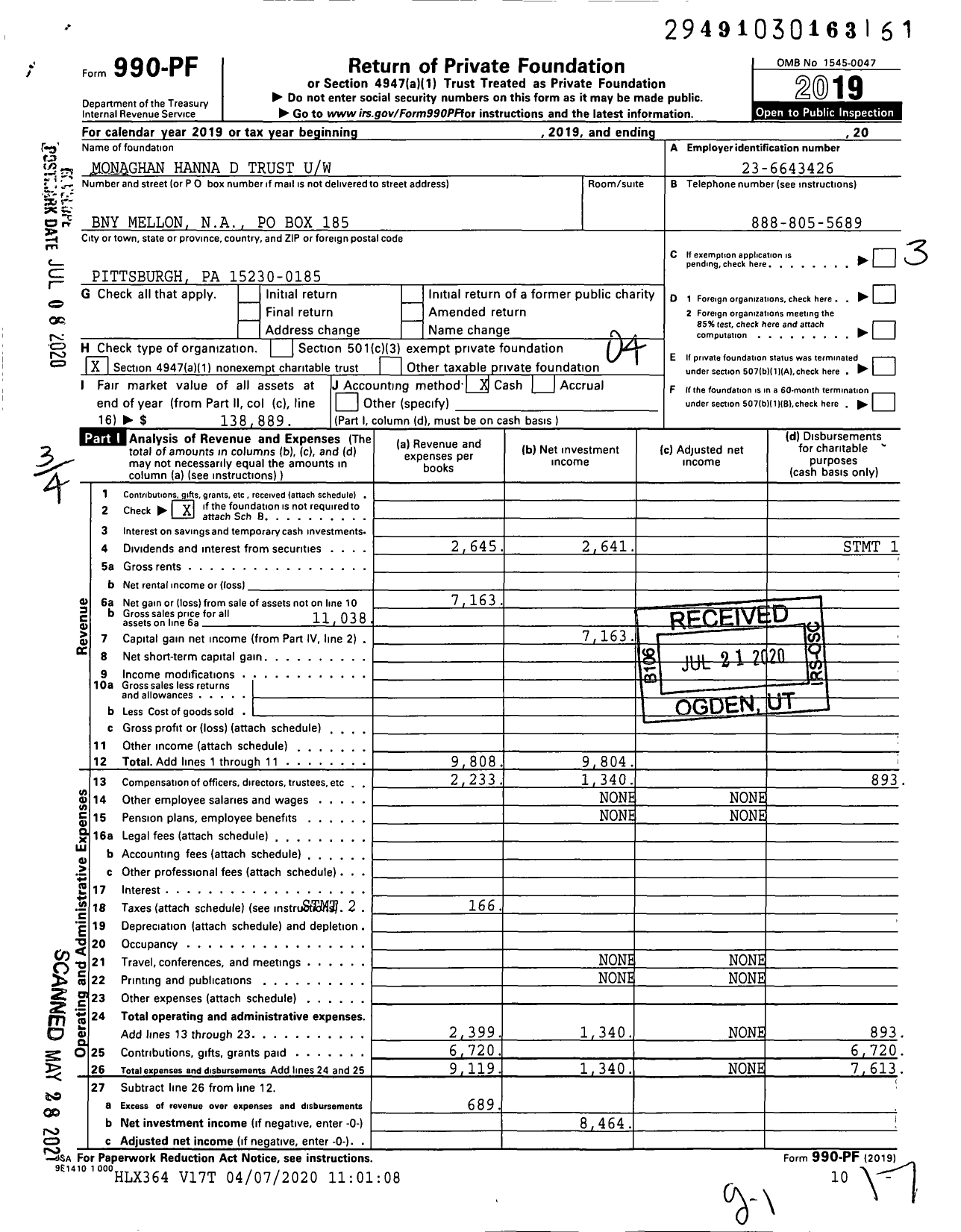 Image of first page of 2019 Form 990PF for Monaghan Hanna D Trust Uw