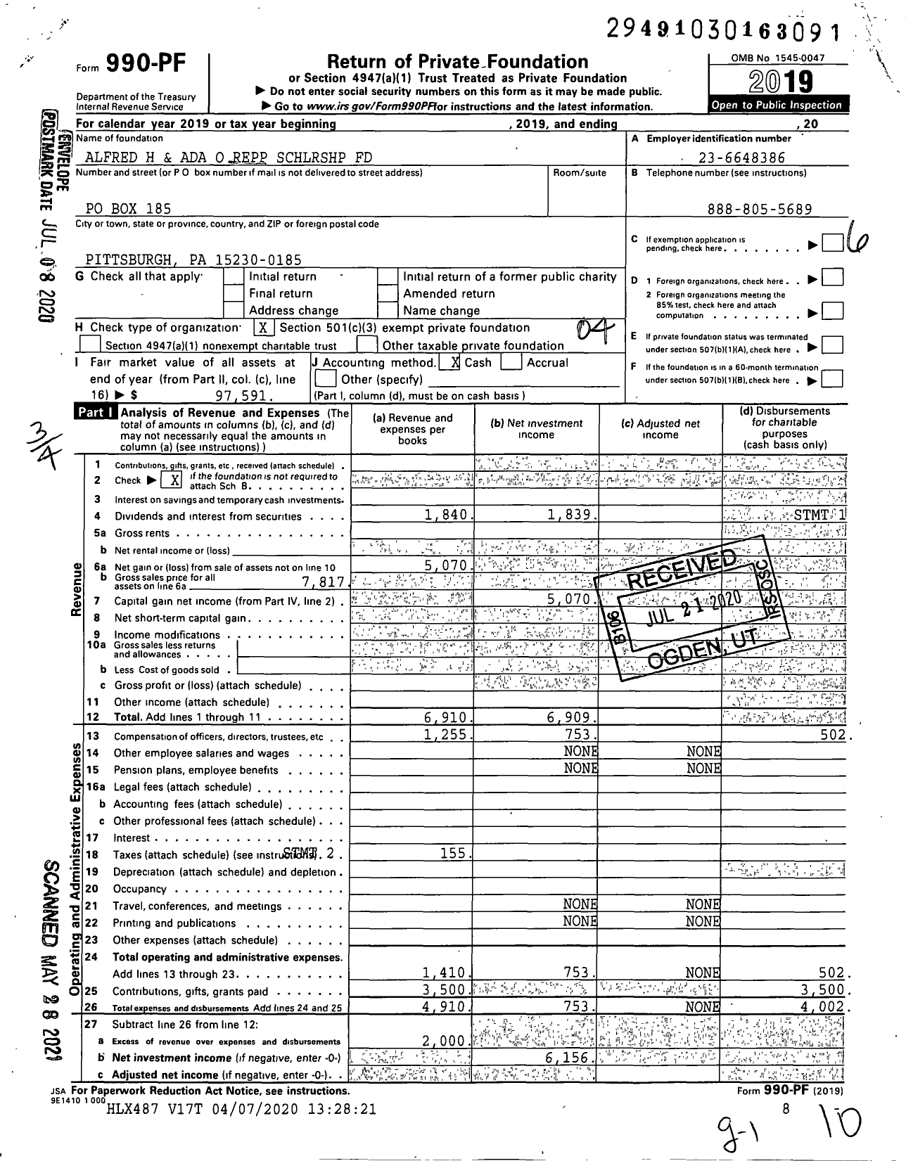 Image of first page of 2019 Form 990PF for Alfred H and Ada O Repp SCHLRSHP Fund