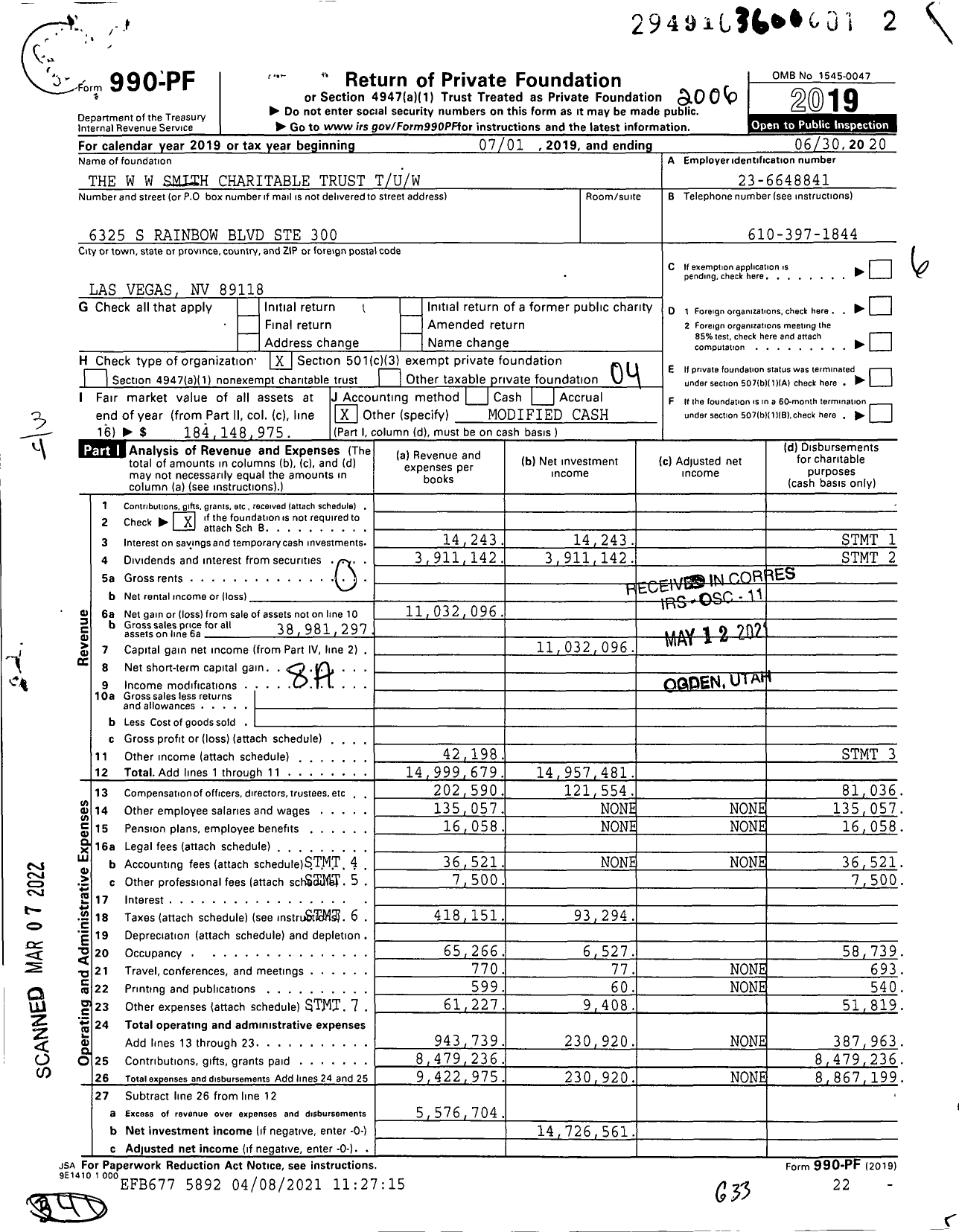 Image of first page of 2019 Form 990PF for The W W Smith Charitable Trust