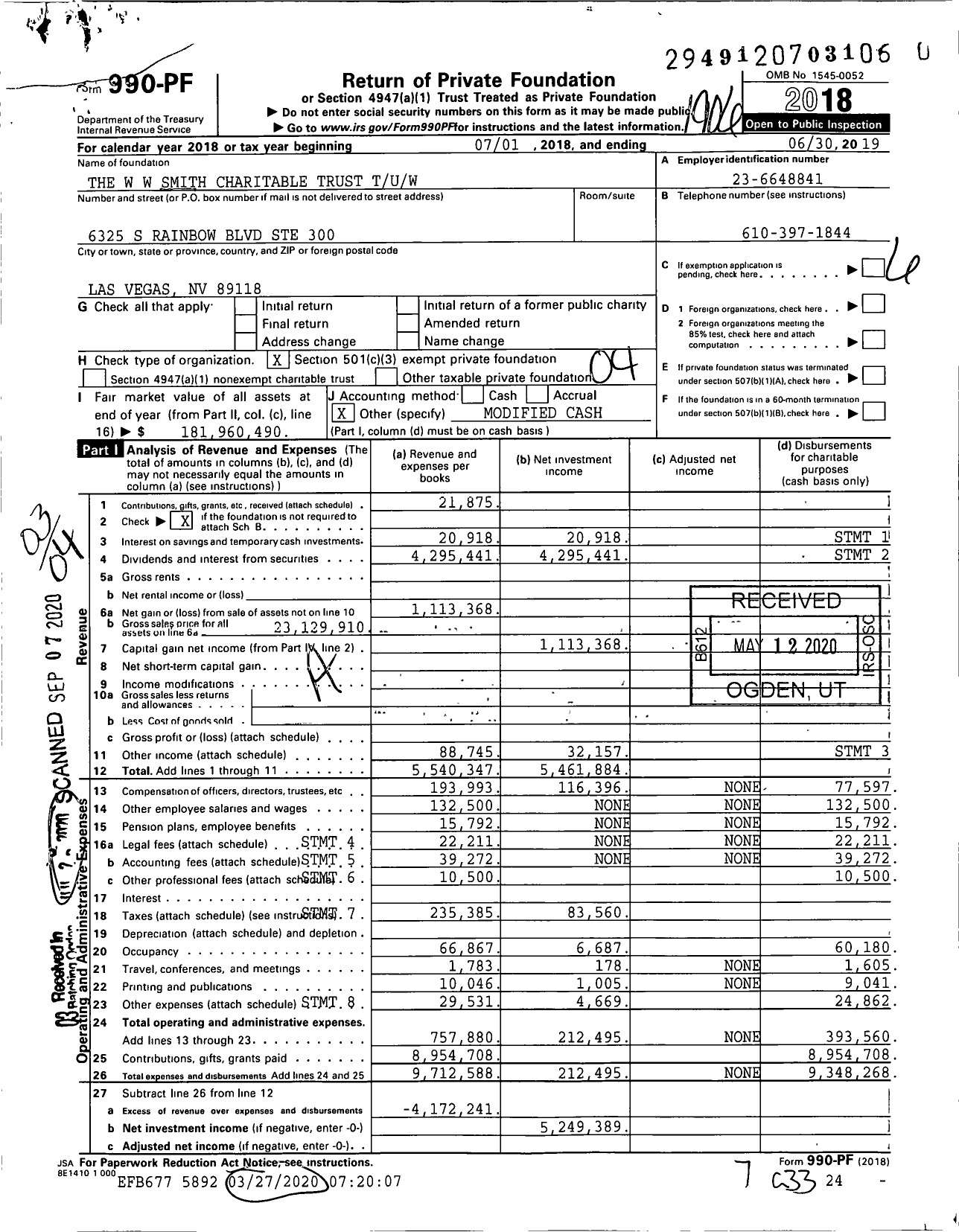Image of first page of 2018 Form 990PR for The W W Smith Charitable Trust