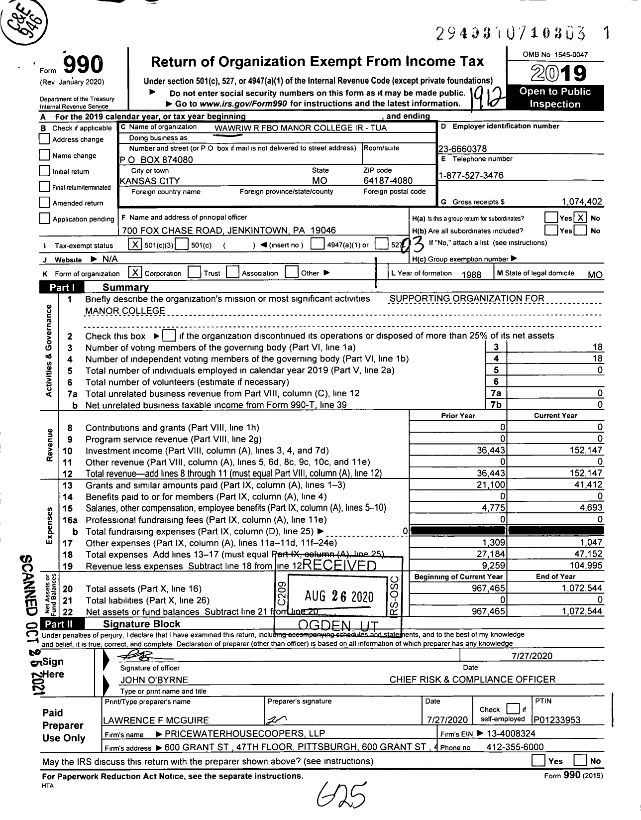 Image of first page of 2019 Form 990 for Wawriw R Fbo Manor College Ir - Ir-Tua