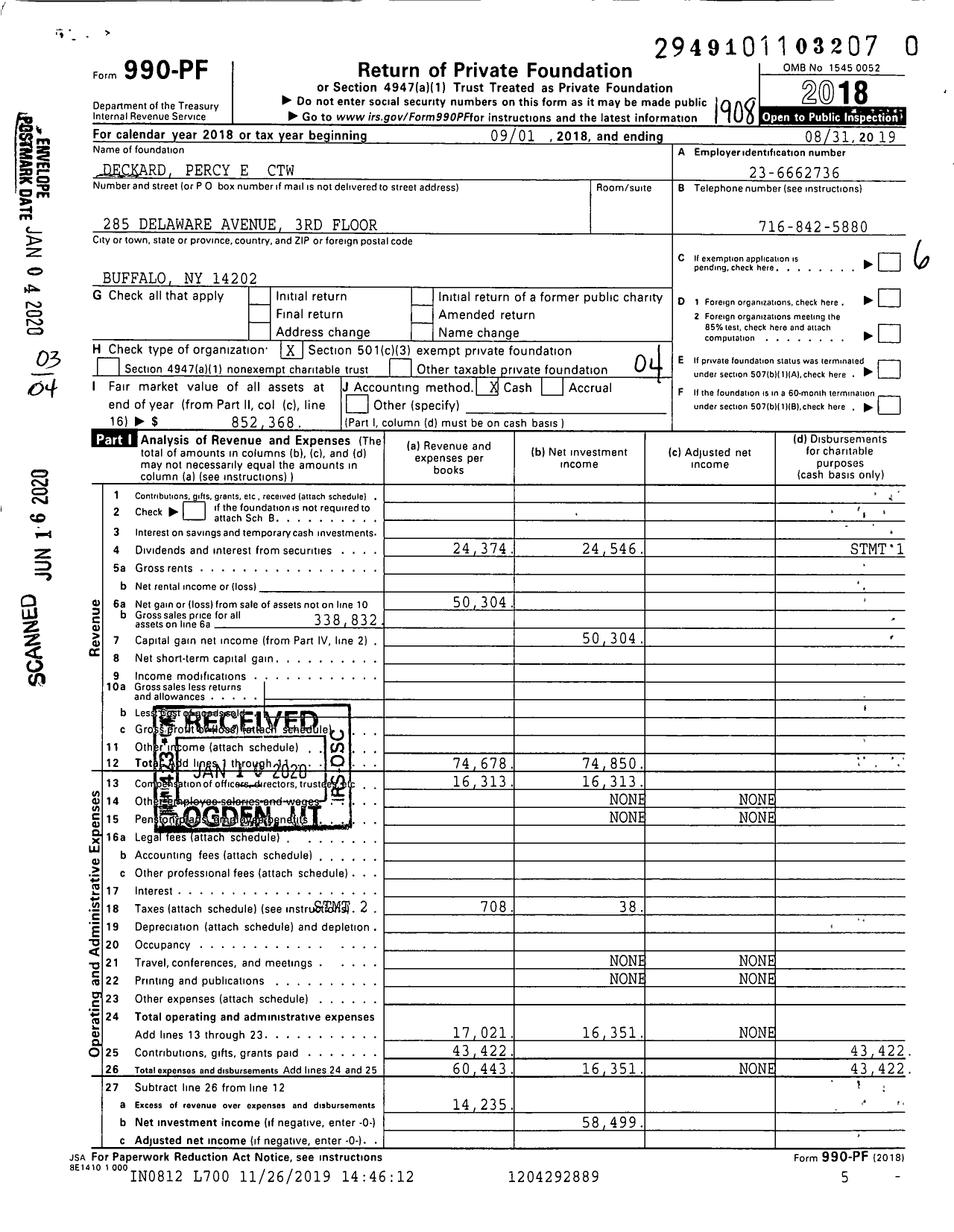 Image of first page of 2018 Form 990PR for Deckard Percy E CTW