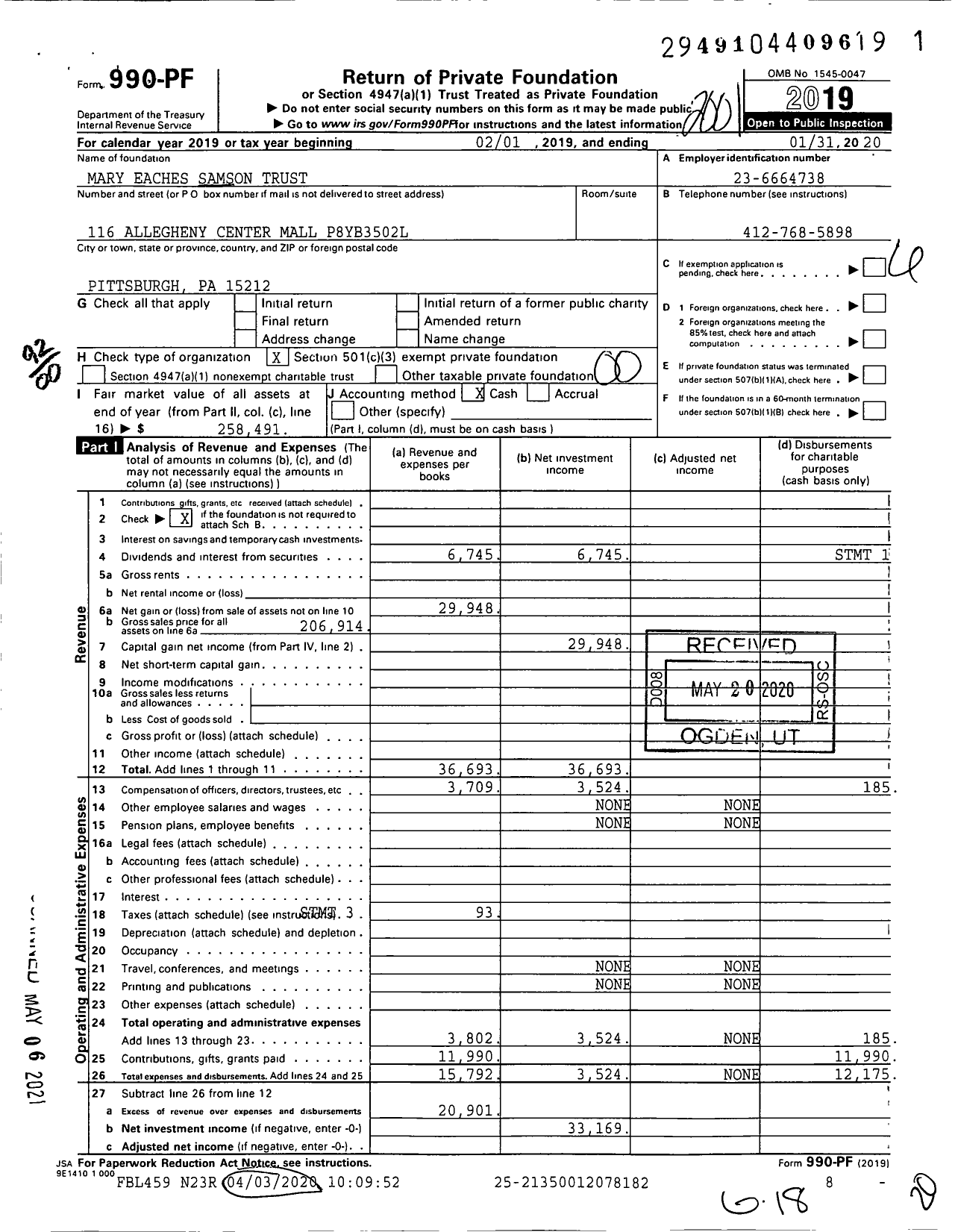 Image of first page of 2019 Form 990PF for Mary Eaches Samson Trust