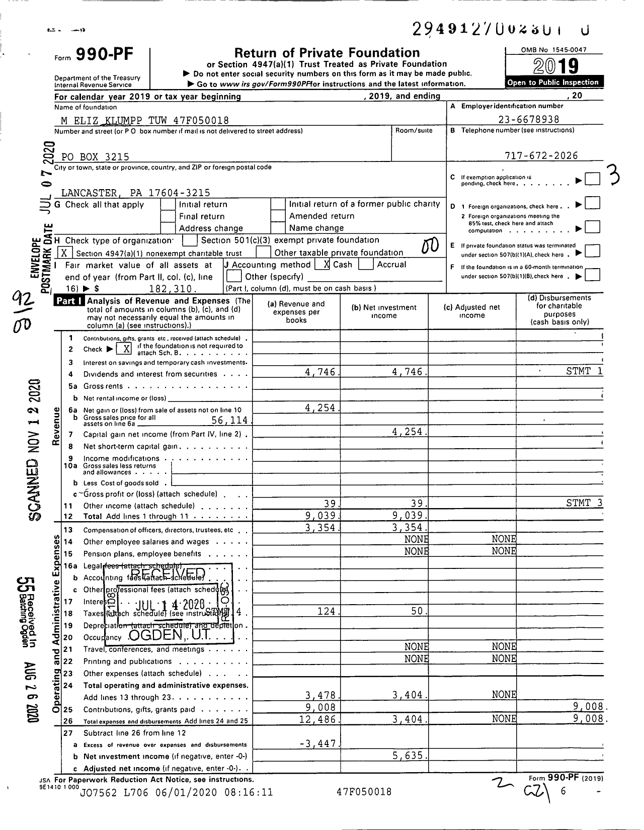 Image of first page of 2019 Form 990PF for M Eliz Klumpp Tuw 47f050018