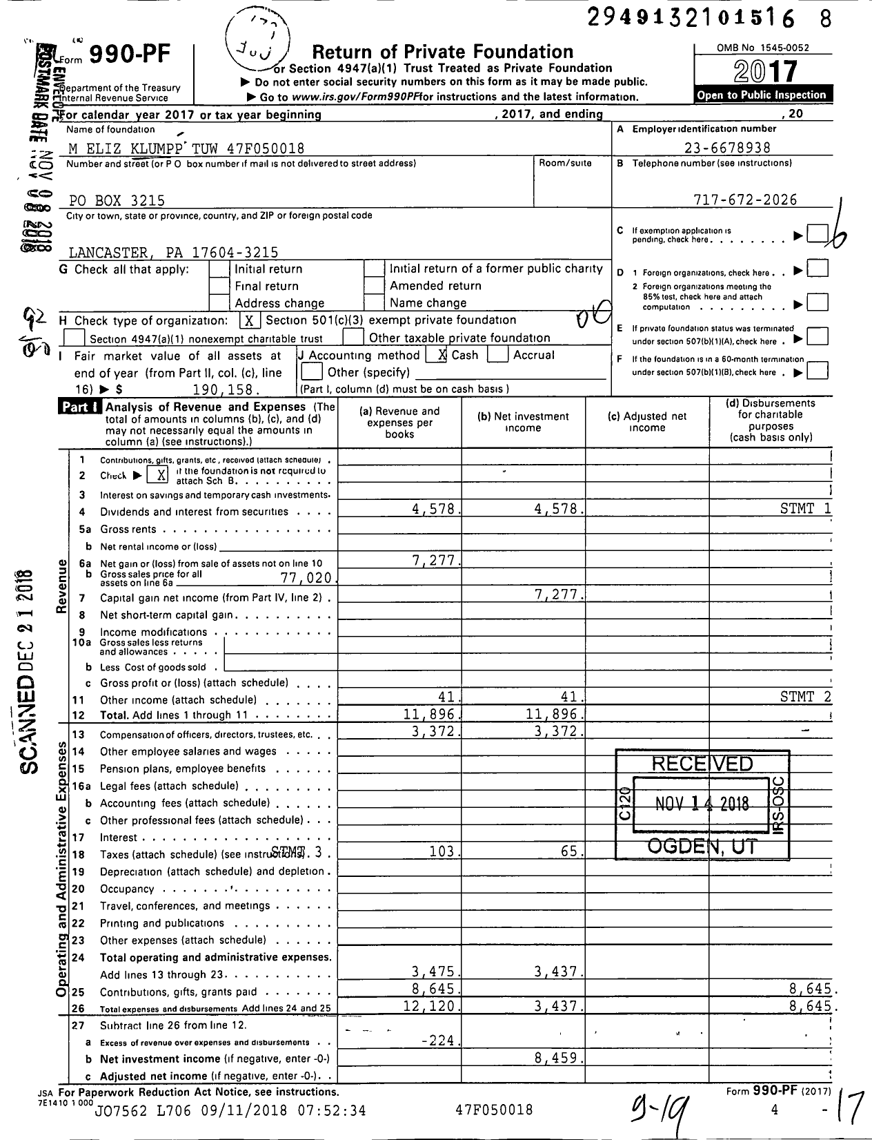 Image of first page of 2017 Form 990PF for M Eliz Klumpp Tuw 47f050018