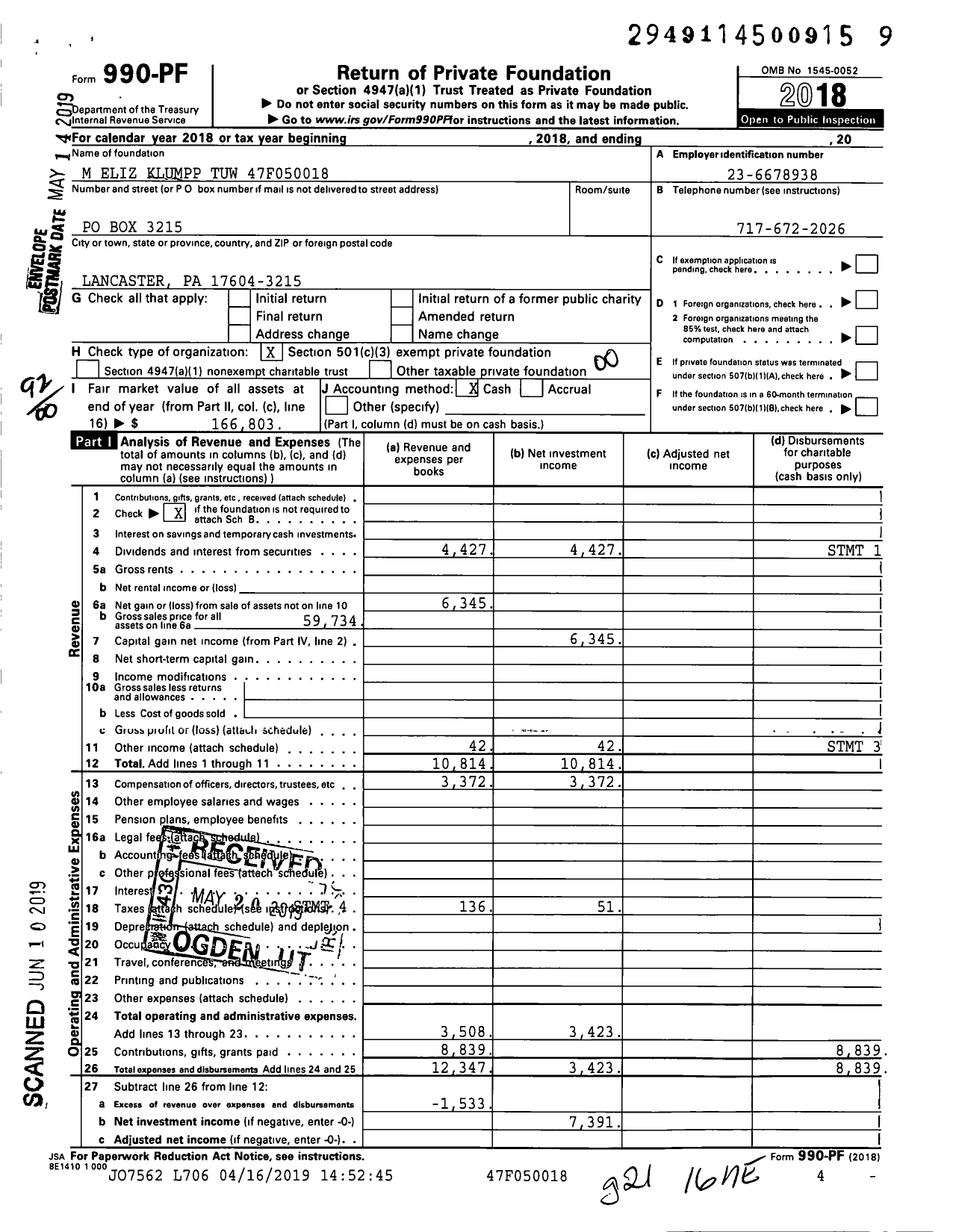 Image of first page of 2018 Form 990PF for M Eliz Klumpp Tuw 47f050018