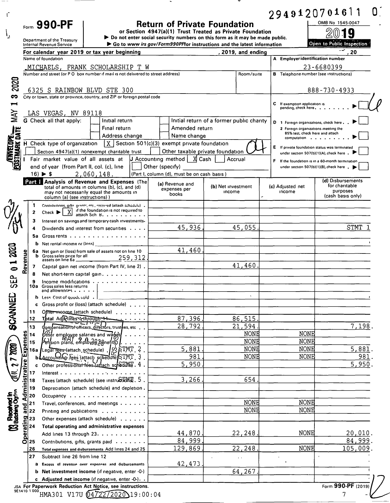 Image of first page of 2019 Form 990PR for Michaels Frank Scholarship T W