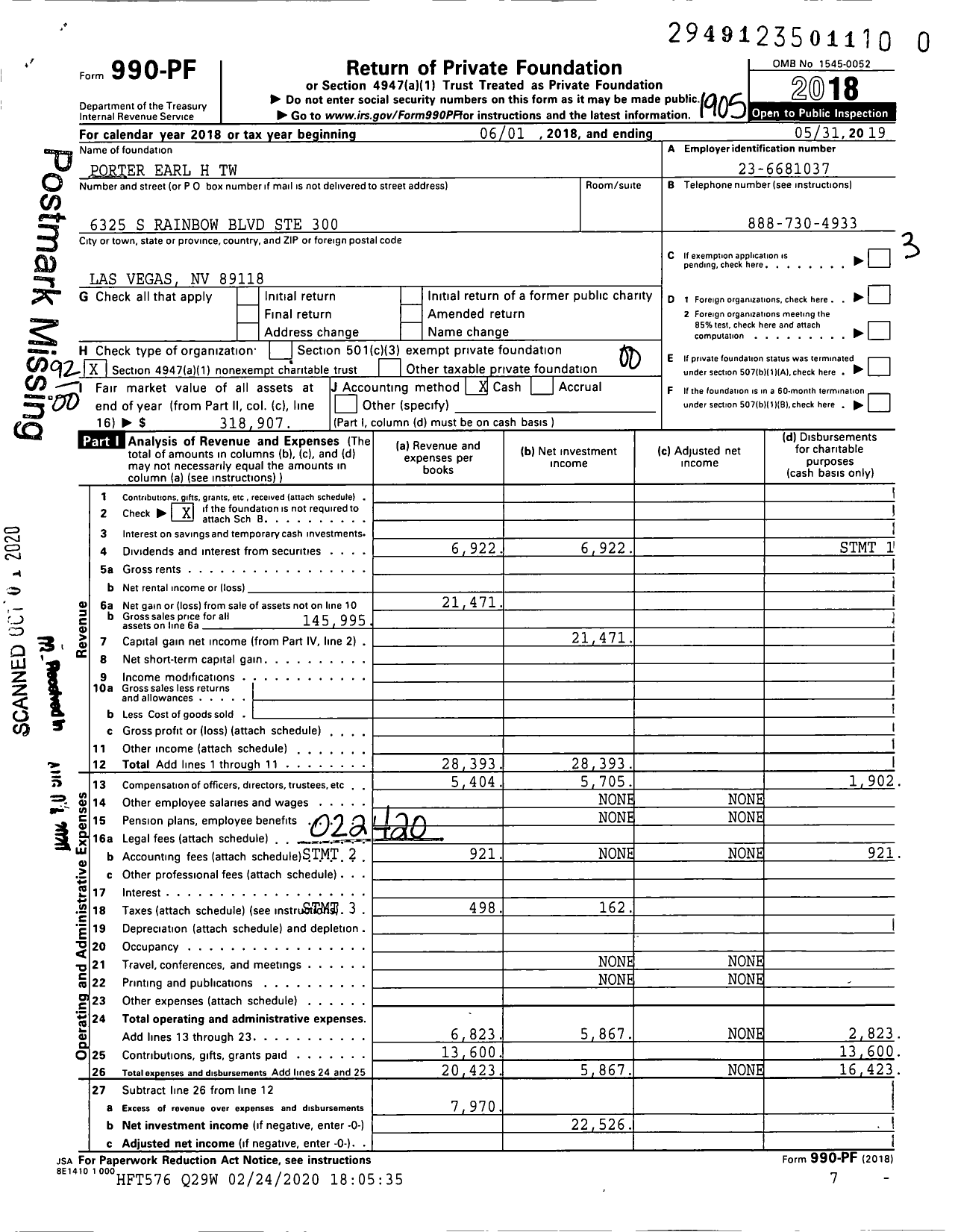 Image of first page of 2018 Form 990PR for Porter Earl H TW