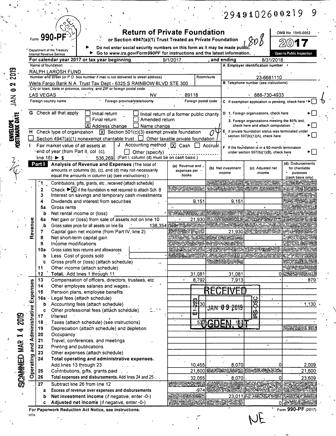 Image of first page of 2017 Form 990PF for Ralph Larosh Fund