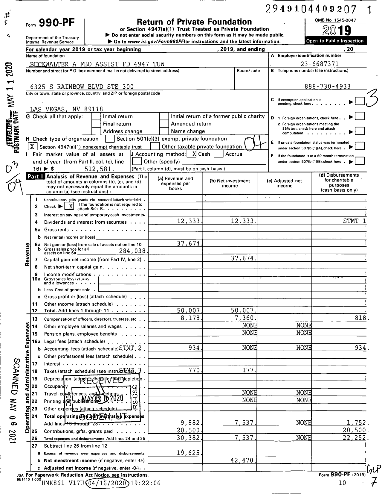 Image of first page of 2019 Form 990PF for Buckwalter A Fbo Assist FD 4947 4947-tuw