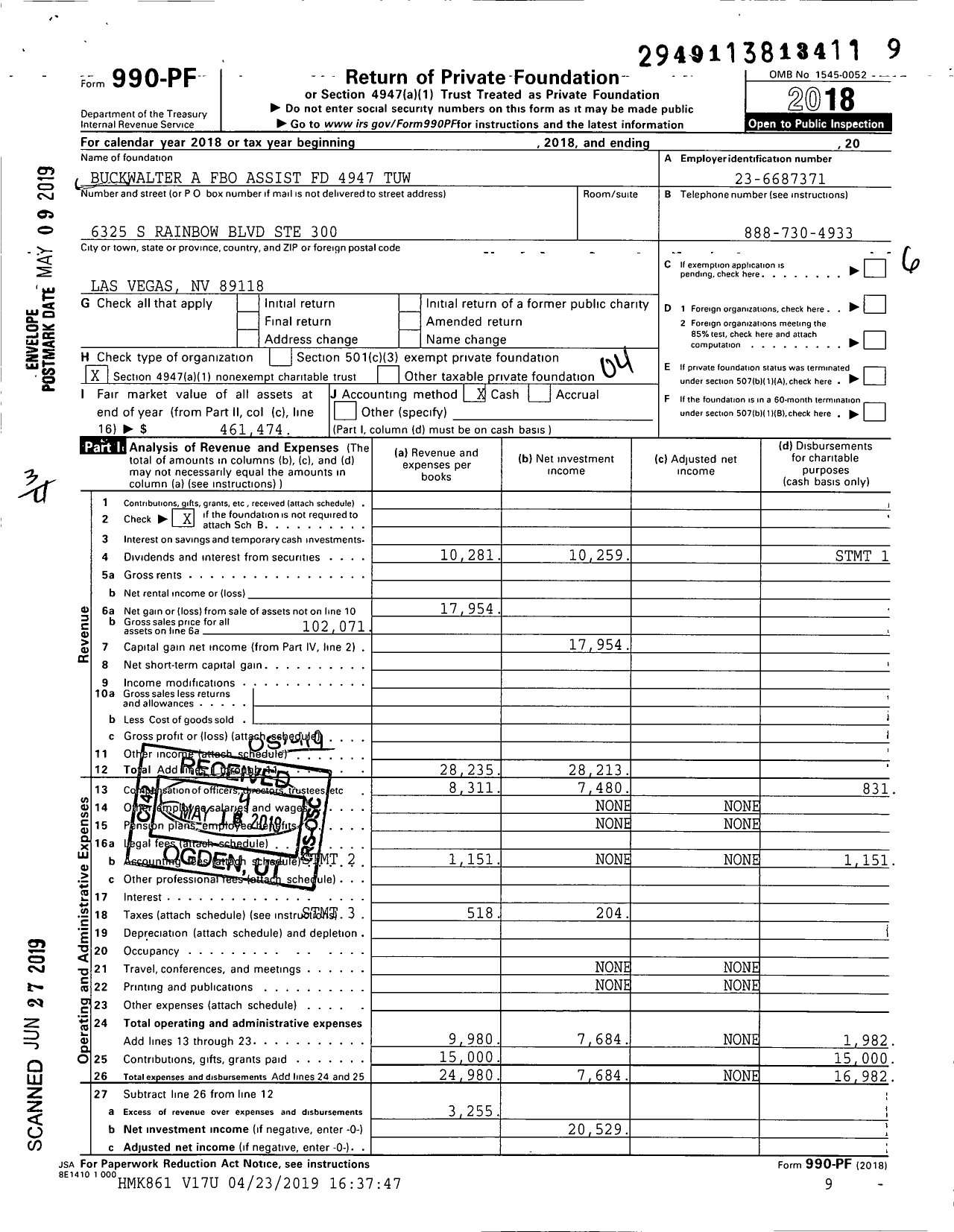 Image of first page of 2018 Form 990PF for Buckwalter A Fbo Assist FD 4947 4947-tuw