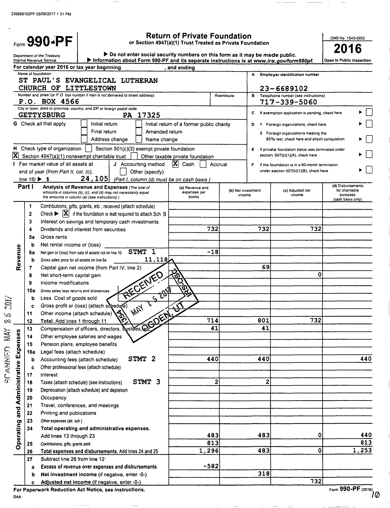 Image of first page of 2016 Form 990PF for St Paul's Evangelical Lutheran Church of Littlestown