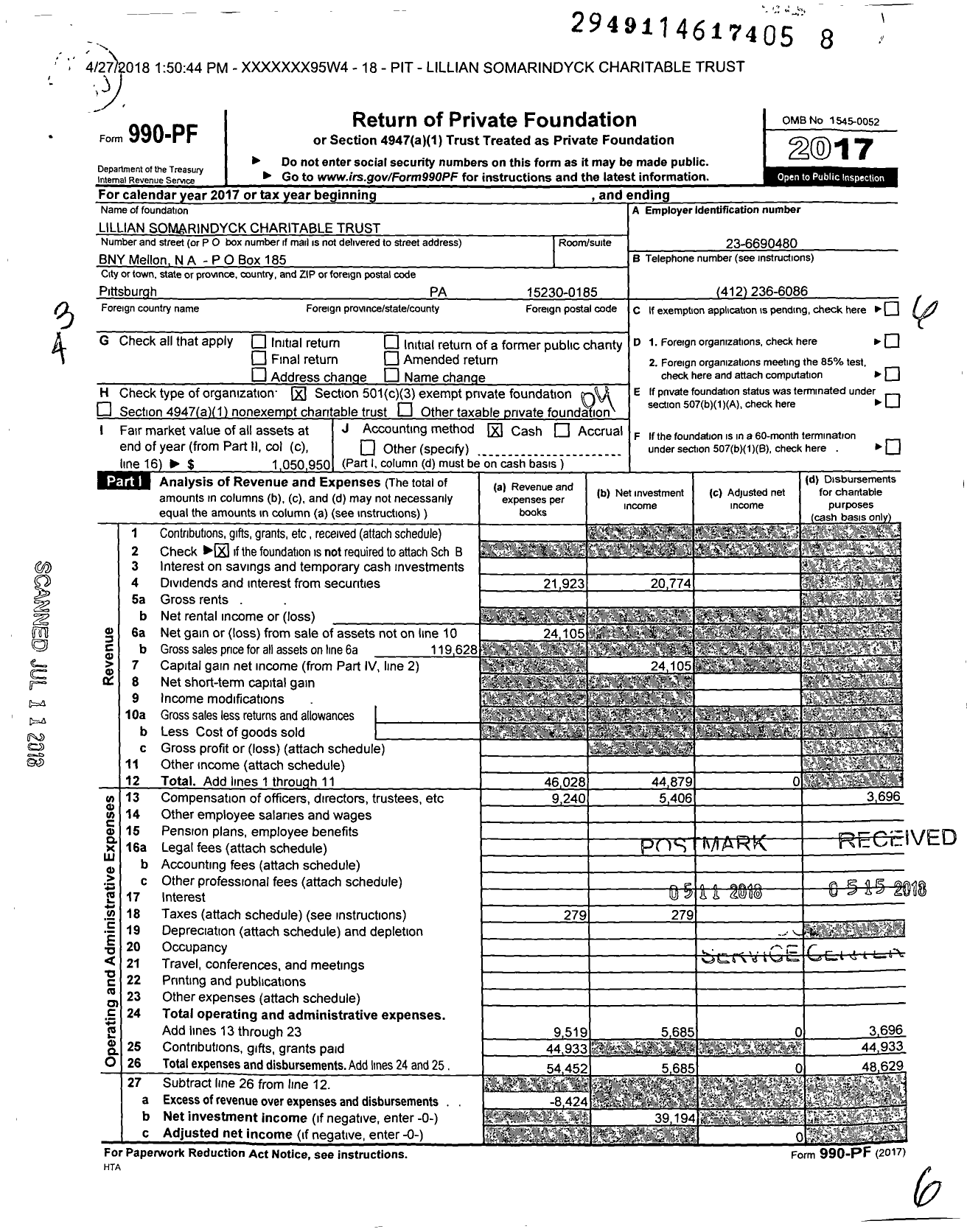 Image of first page of 2017 Form 990PF for Lillian Somarindyck Charitable Trust