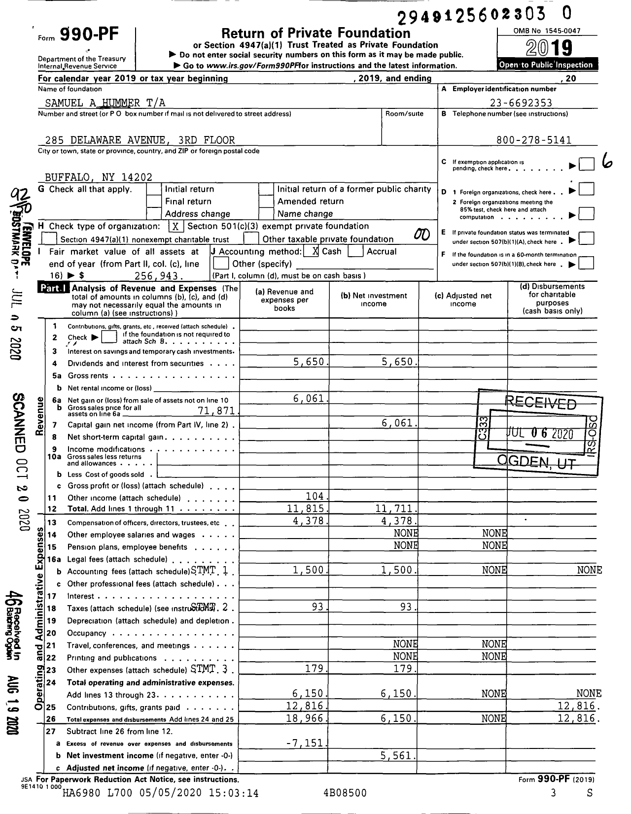 Image of first page of 2019 Form 990PR for Samuel A Hummer Ta