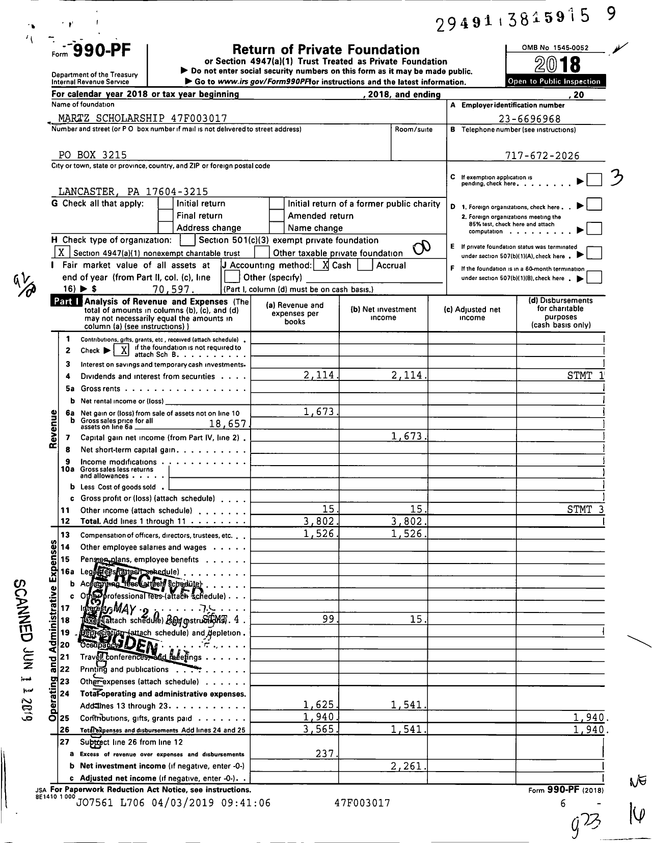 Image of first page of 2018 Form 990PF for Martz Scholarship 47f003017