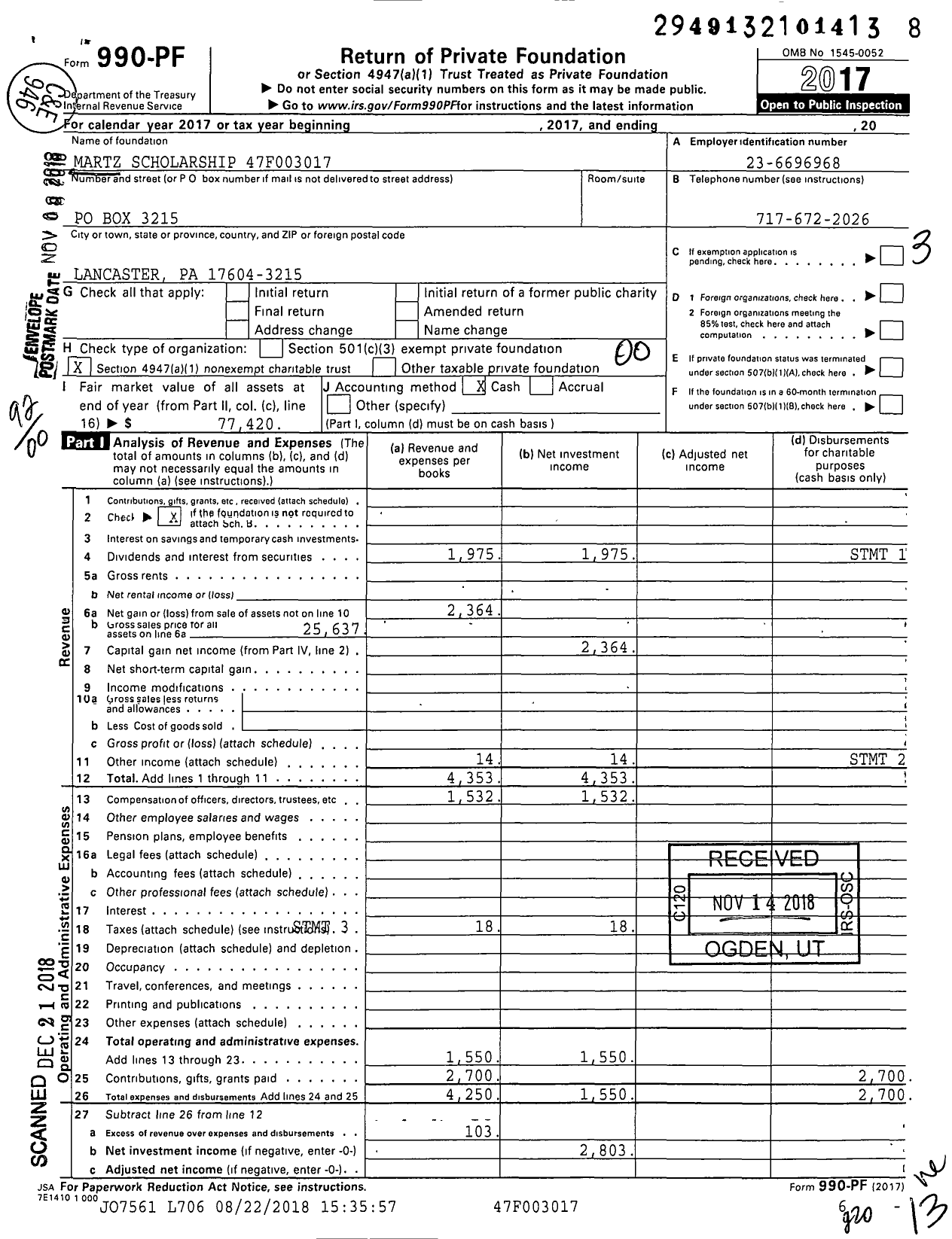 Image of first page of 2017 Form 990PF for Martz Scholarship 47f003017