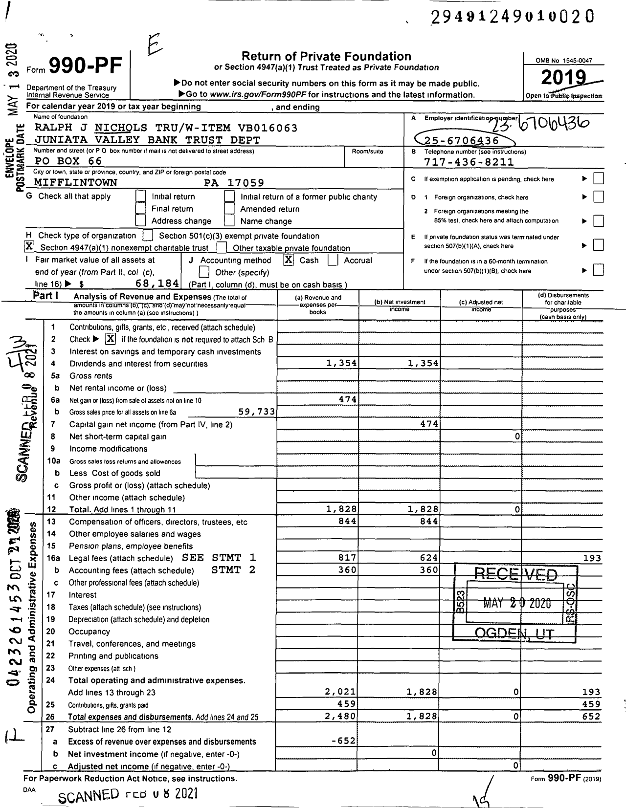 Image of first page of 2019 Form 990PF for Ralph J Nichols Truw-Item VB016063 Juniata Valley Bank Trust Dept