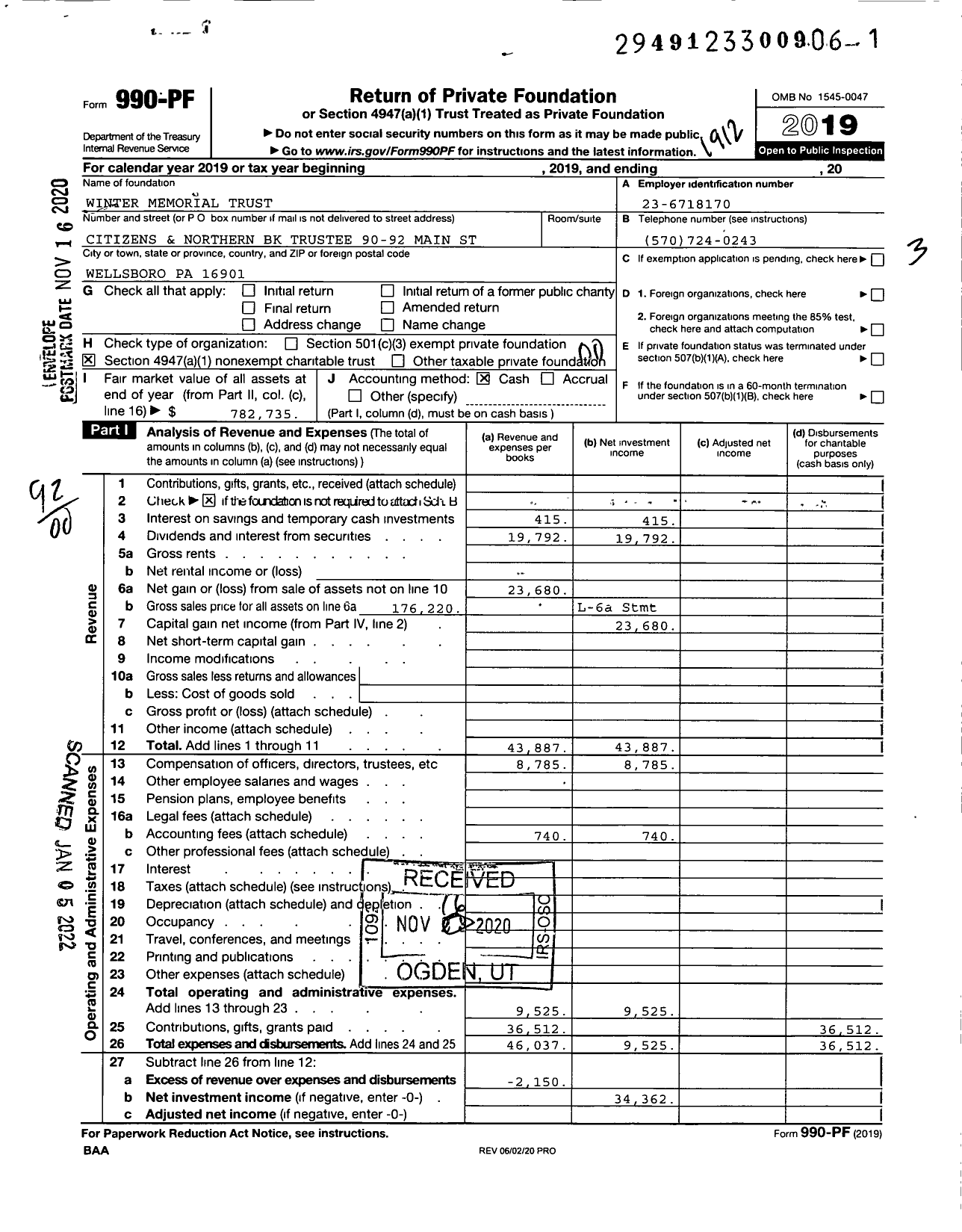 Image of first page of 2019 Form 990PF for Winter Memorial Trust