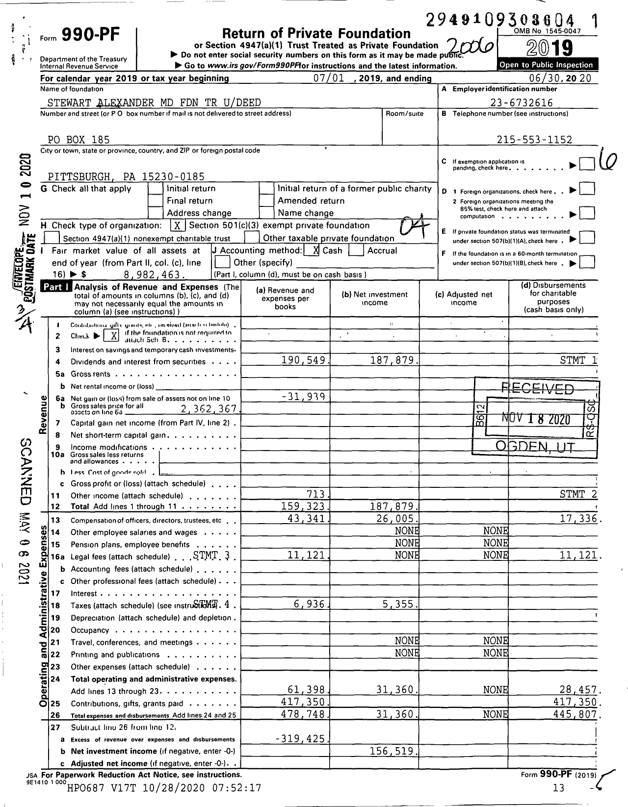 Image of first page of 2019 Form 990PF for Stewart Alexander MD Foundation TR Udeed