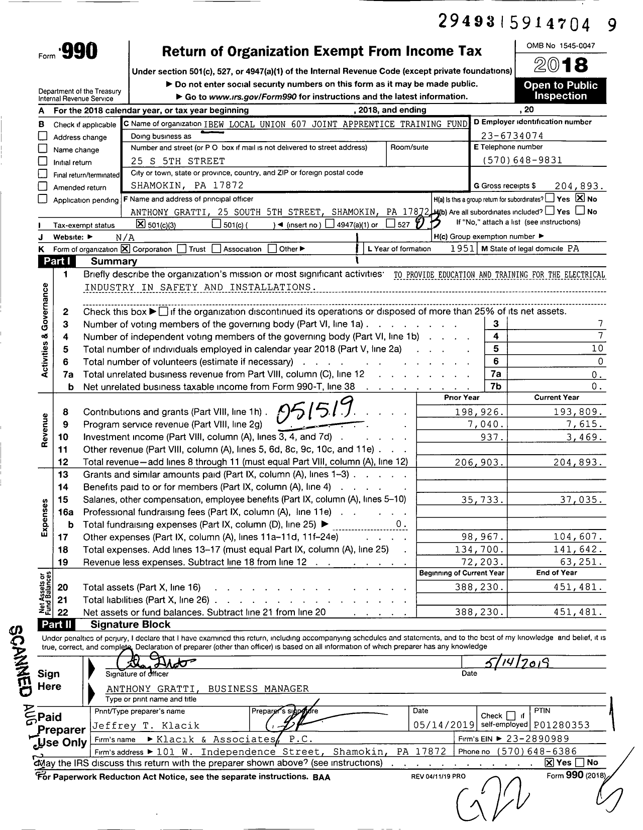 Image of first page of 2018 Form 990 for IBEW Local Union 607 Joint Apprentice Training Fund