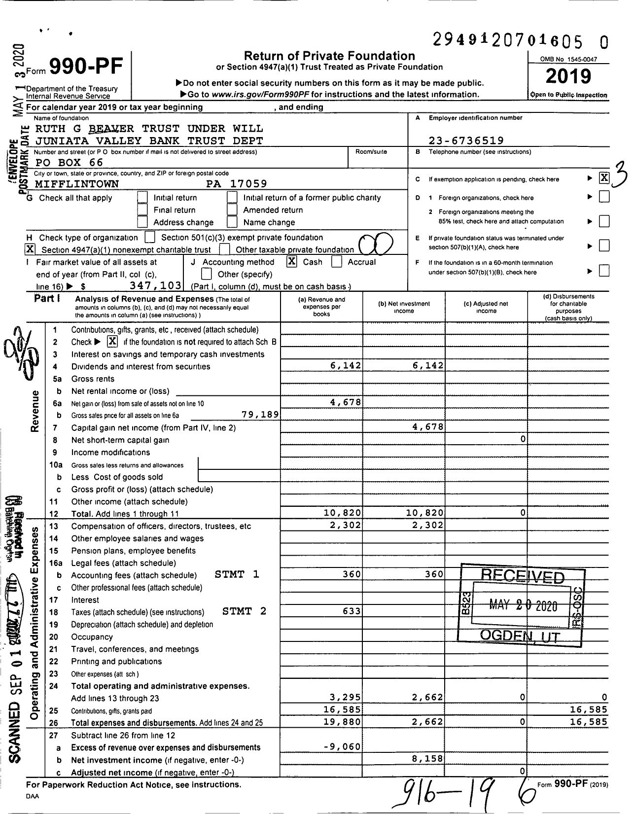 Image of first page of 2019 Form 990PR for Ruth G Beaver Trust Under Will Juniata Valley Bank Trust Dept