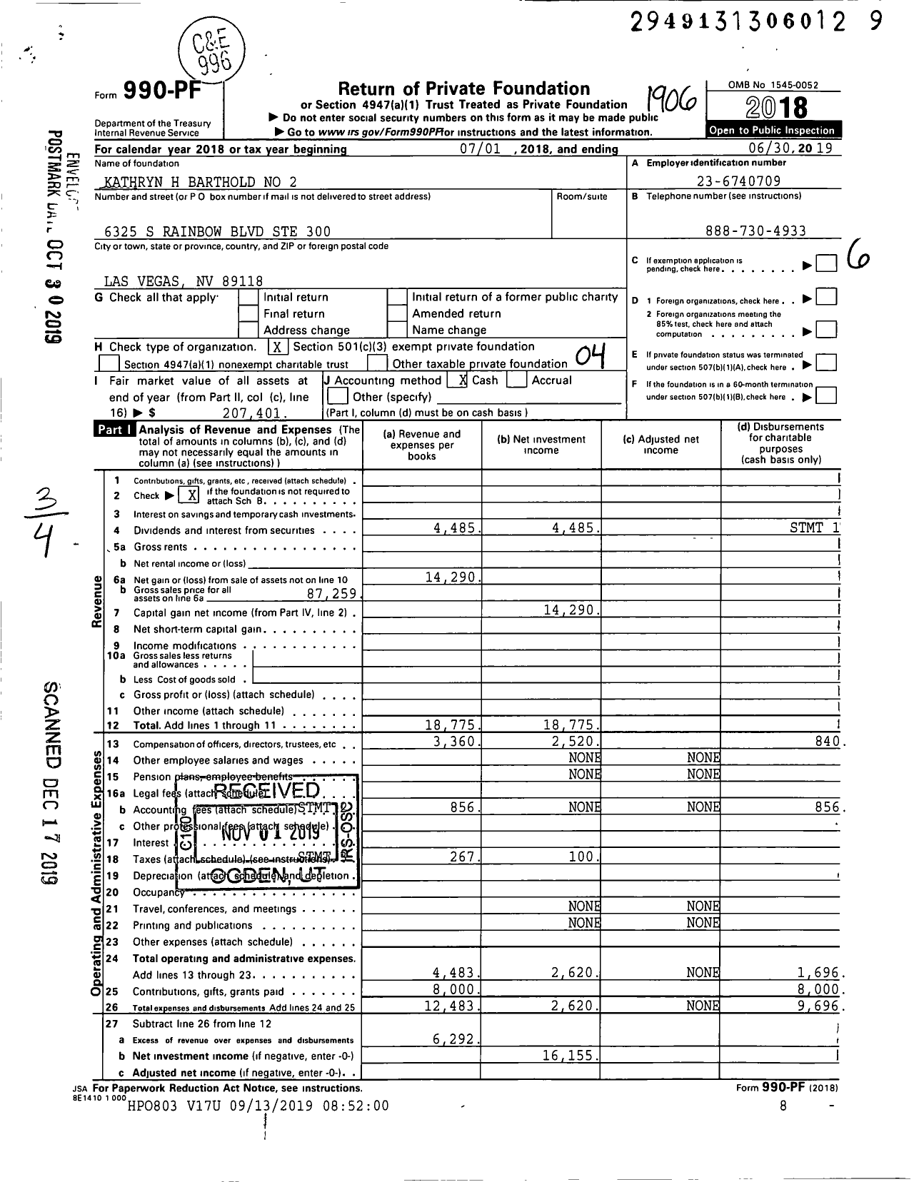 Image of first page of 2018 Form 990PF for KATHRYN H BARTHOLD no 2