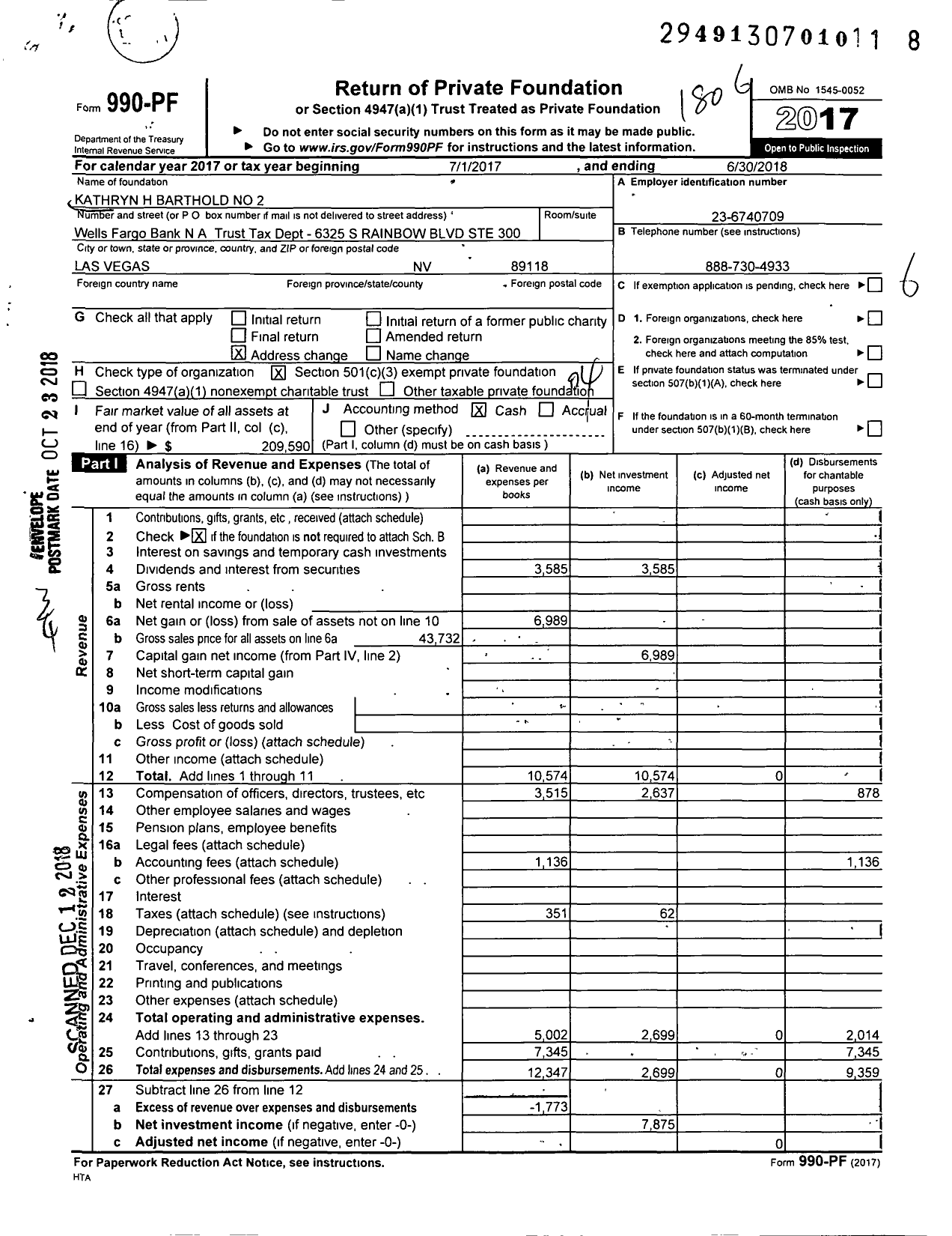 Image of first page of 2017 Form 990PF for KATHRYN H BARTHOLD no 2