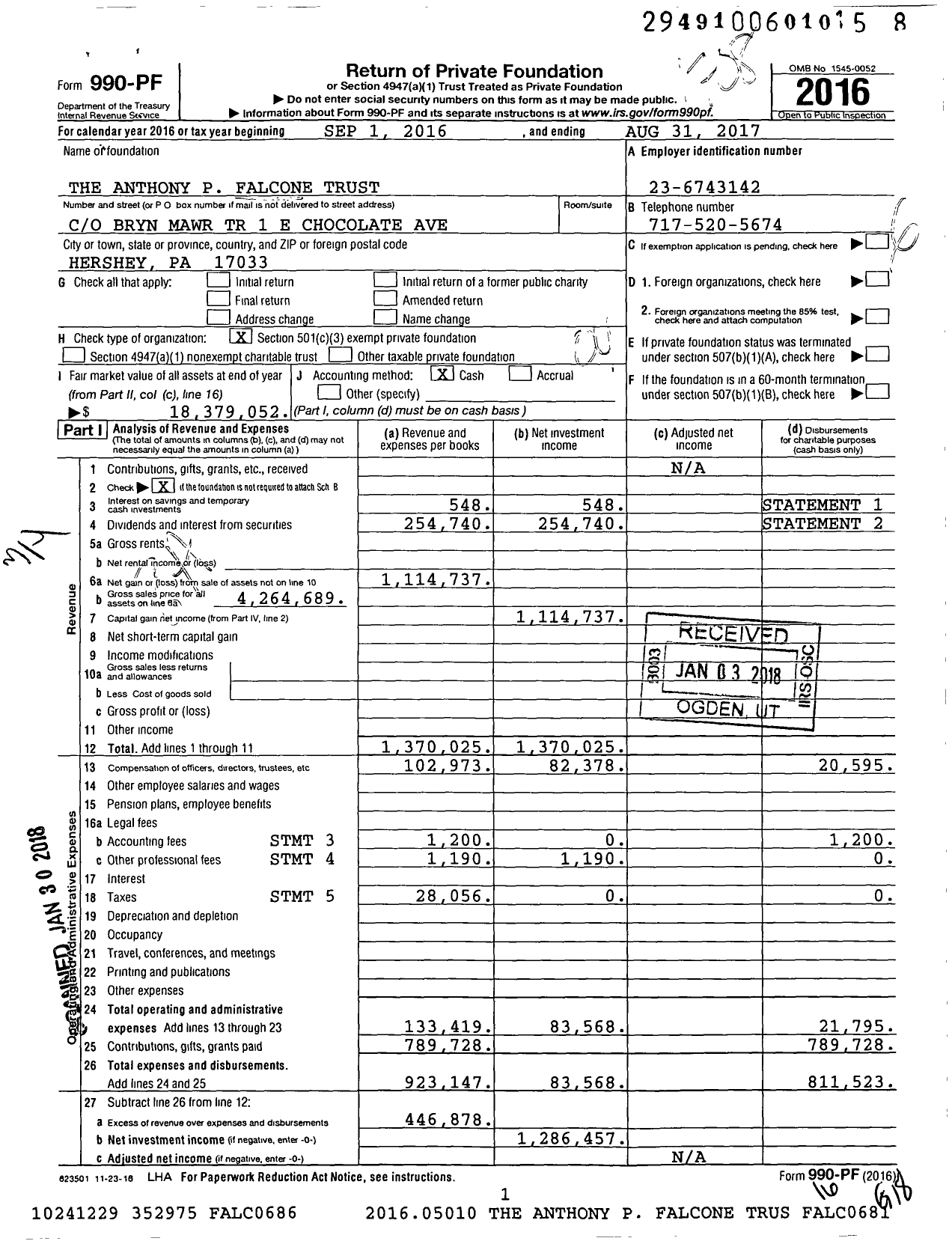 Image of first page of 2016 Form 990PF for The Anthony P Falcone Trust